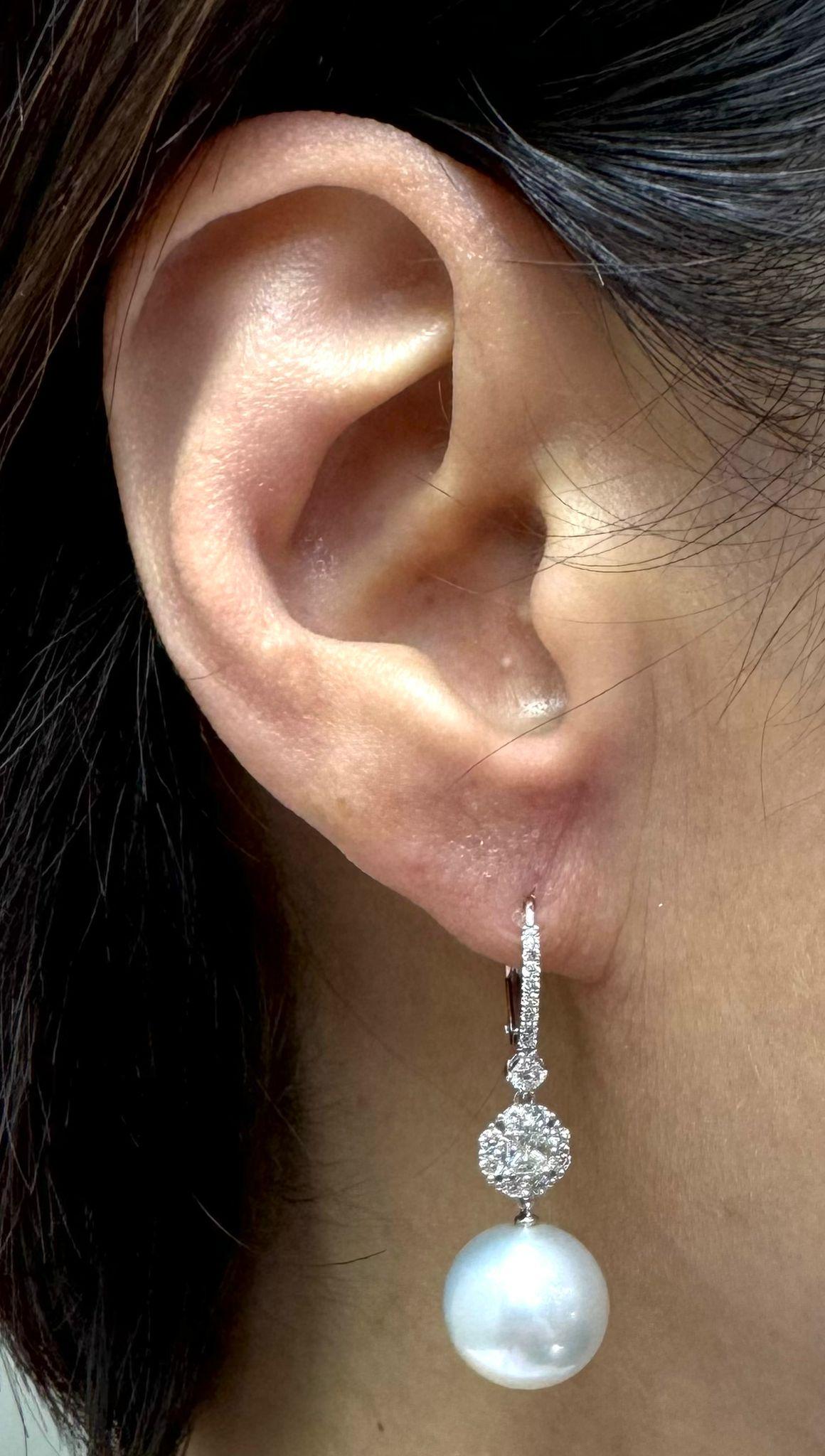 12.5mm South Sea Pearl Diamond Drop Earrings in 14 Karat White Gold For Sale 2