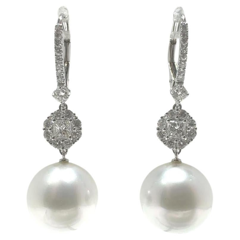 Contemporary 12.5mm South Sea Pearl Diamond Drop Earrings in 14 Karat White Gold For Sale