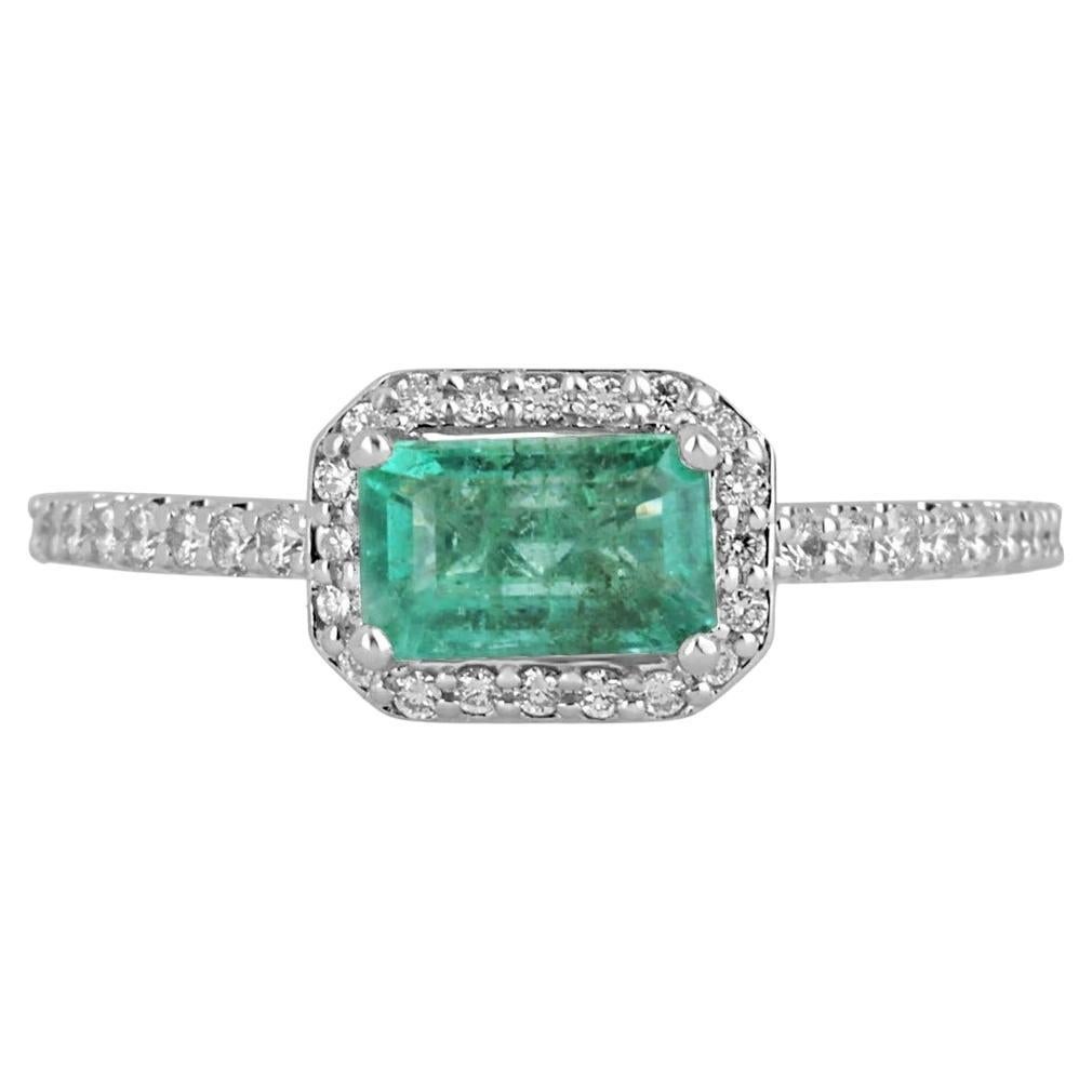 1.25tcw 14K Natural Emerald-Emerald Cut & Diamond Halo Engagement Ring For Sale