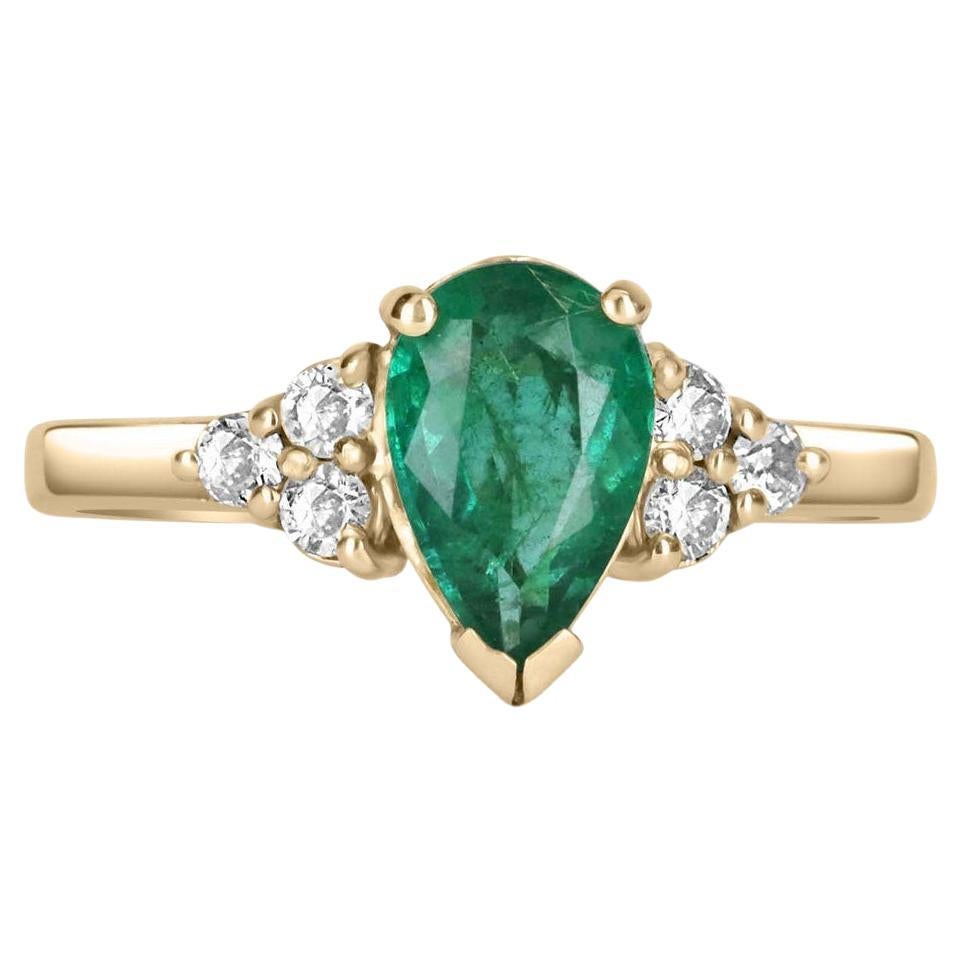 1.25tcw Pear Emerald & Diamond Accent 7 Stone Promise engagement 14K Gold Ring For Sale