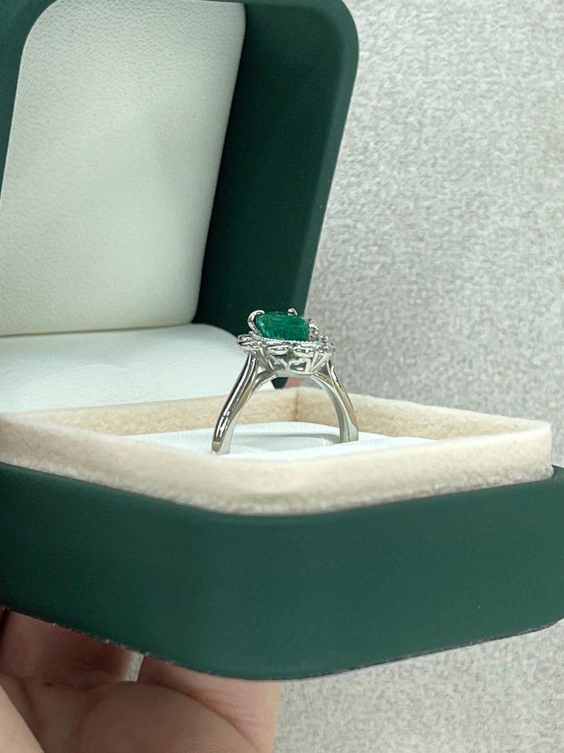 1.25tcw Platinum Pear Cut Emerald & Diamond Ring - Rich Green Floral Setting 950 For Sale 5