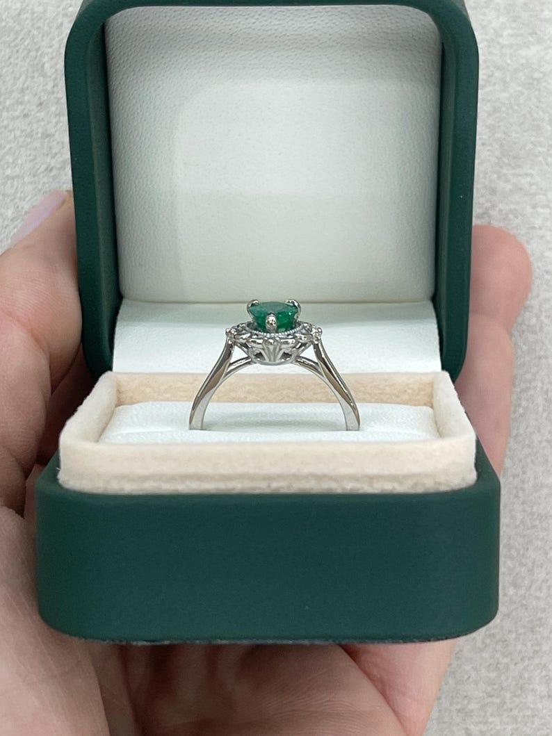 1.25tcw Platinum Pear Cut Emerald & Diamond Ring - Rich Green Floral Setting 950 For Sale 4