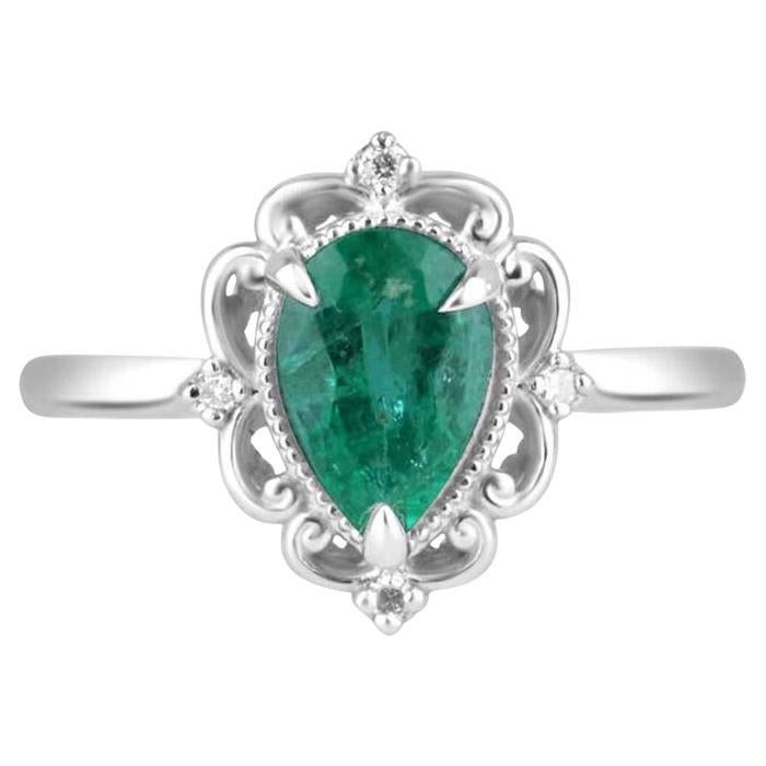 1.25tcw Platinum Pear Cut Emerald & Diamond Ring - Rich Green Floral Setting 950 For Sale