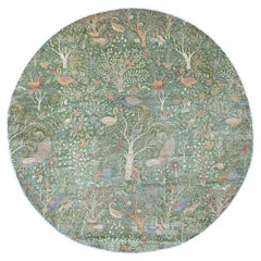 Tappeto rotondo verde afghano Peshawar Birds of Paradise in lana annodata a mano 12'5 "x12'5"