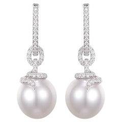 12.5x14.5mm Oval South Sea Pearl Diamond Dangle Earrings in 14 Karat White Gold