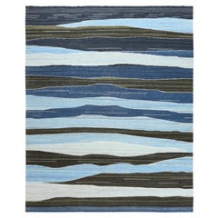 12'5 "x15' Tappeto in lana Kilim a trama piatta intrecciato a mano con disegni di montagne marroni e blu