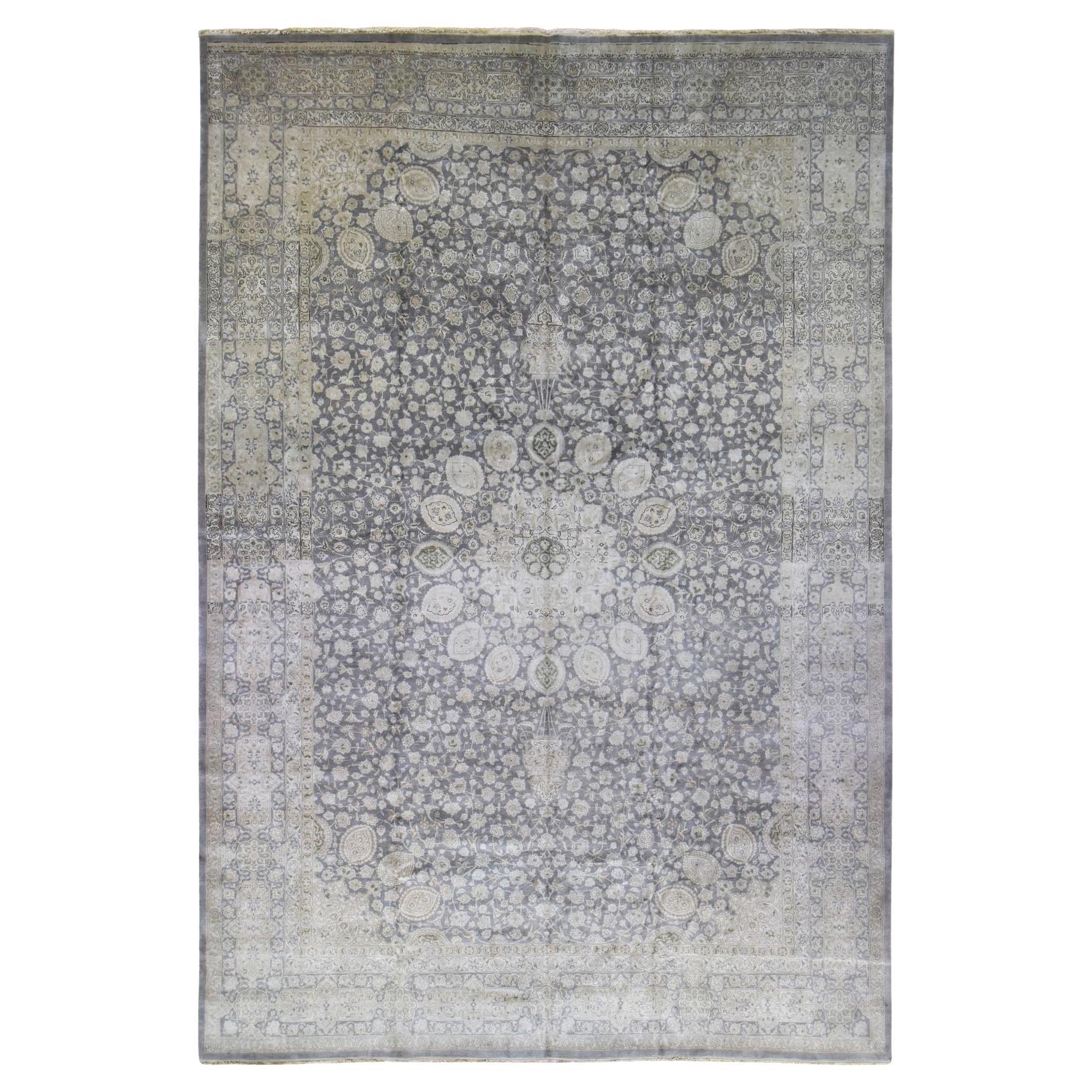 Tappeto grigio persiano Tabriz annodato a mano in pura lana 12'5 "x19'4"
