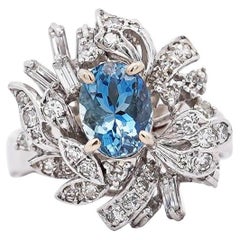 1.26 Carat Aquamarine & Diamond in 18K Yellow Gold Floral Statement Ring