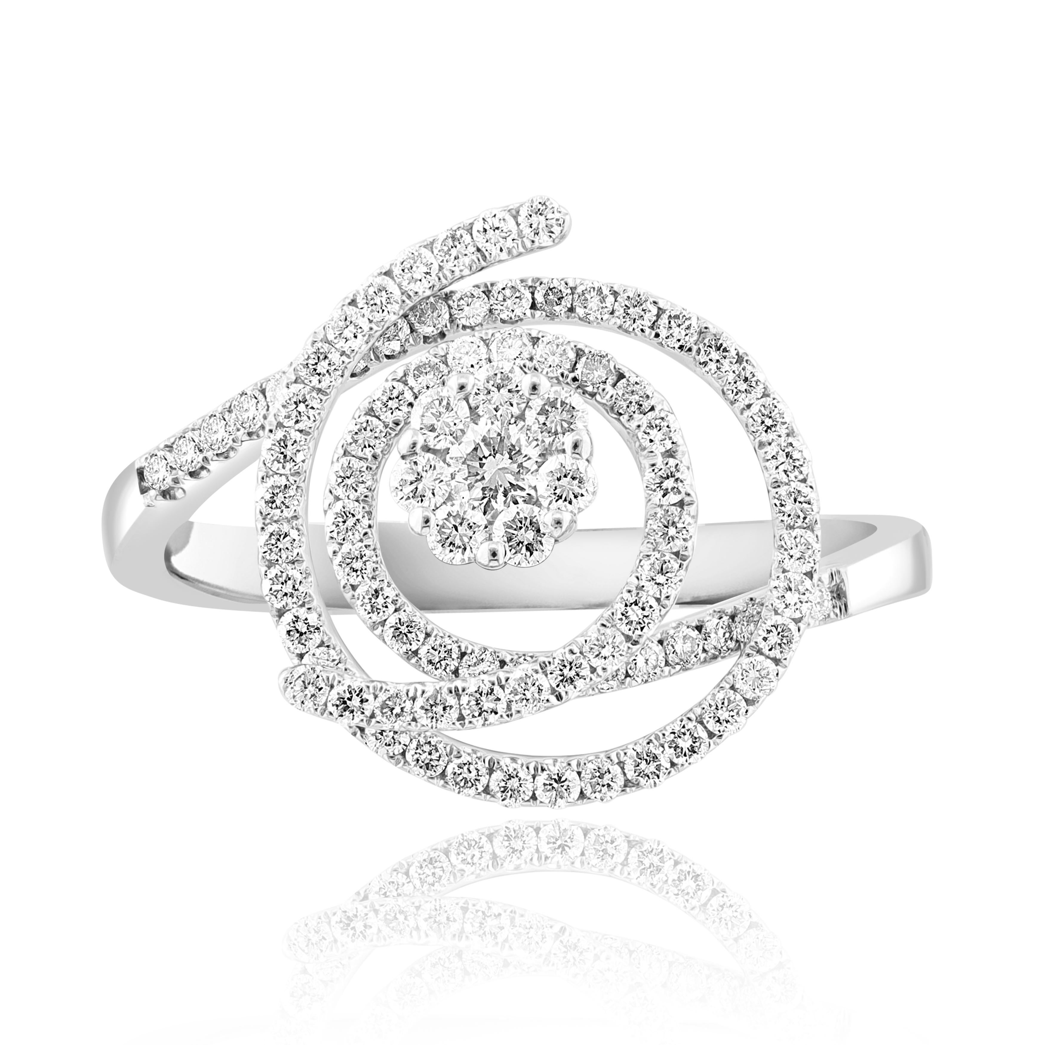 This fashion ring with brilliant-cut round diamonds in an open work design weighs 1.26 carats. 86 accent diamonds are beautifully set up in an intricate open-work design and is made of 18K White Gold.