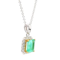 1.26 Carat Colombian Emerald Diamond Halo 18K White Gold Pendant Necklace