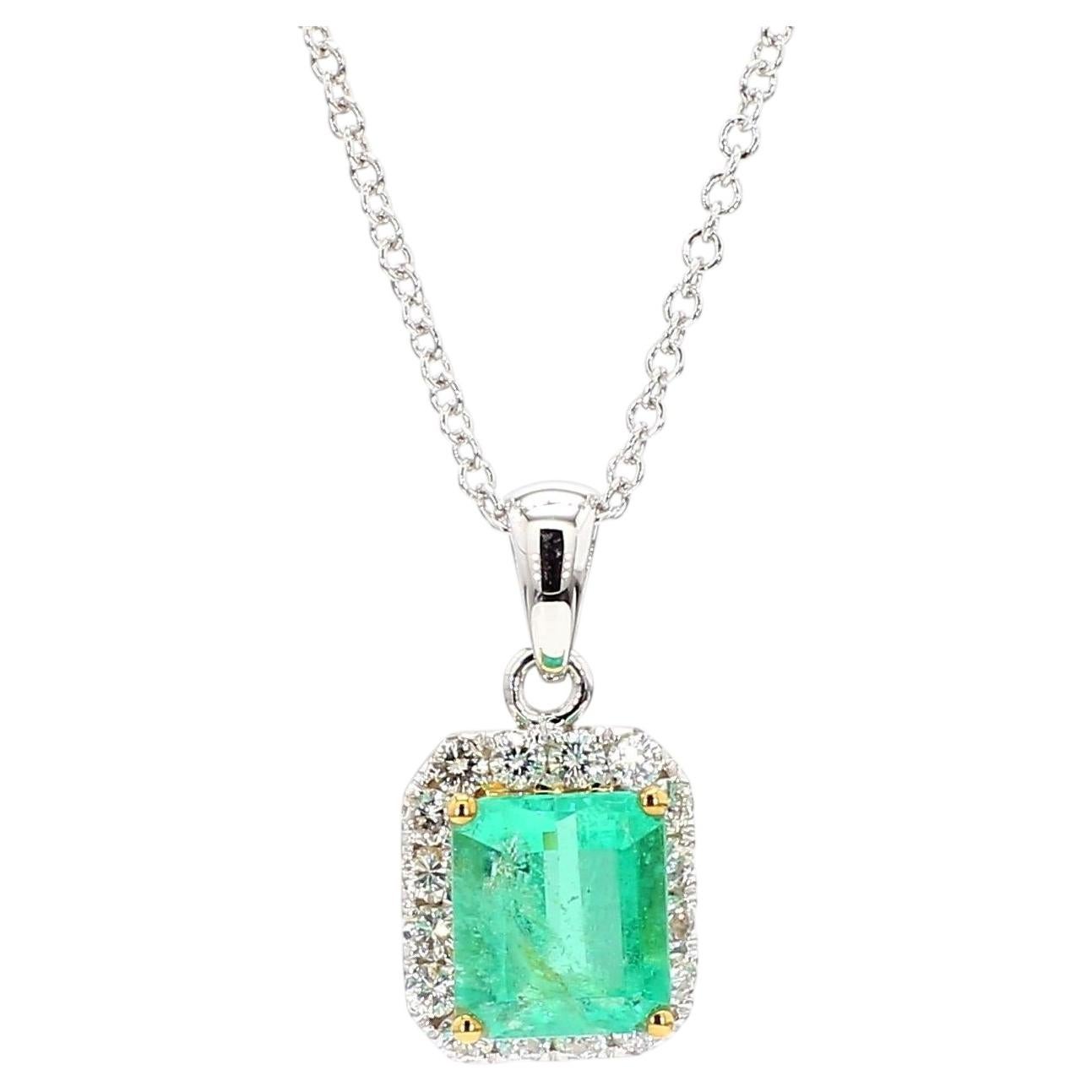 1.26 Carat Colombian Emerald Diamond Halo 18K White Gold Pendant Necklace