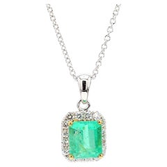 1.26 Carat Colombian Emerald Diamond Halo 18K White Gold Pendant Necklace
