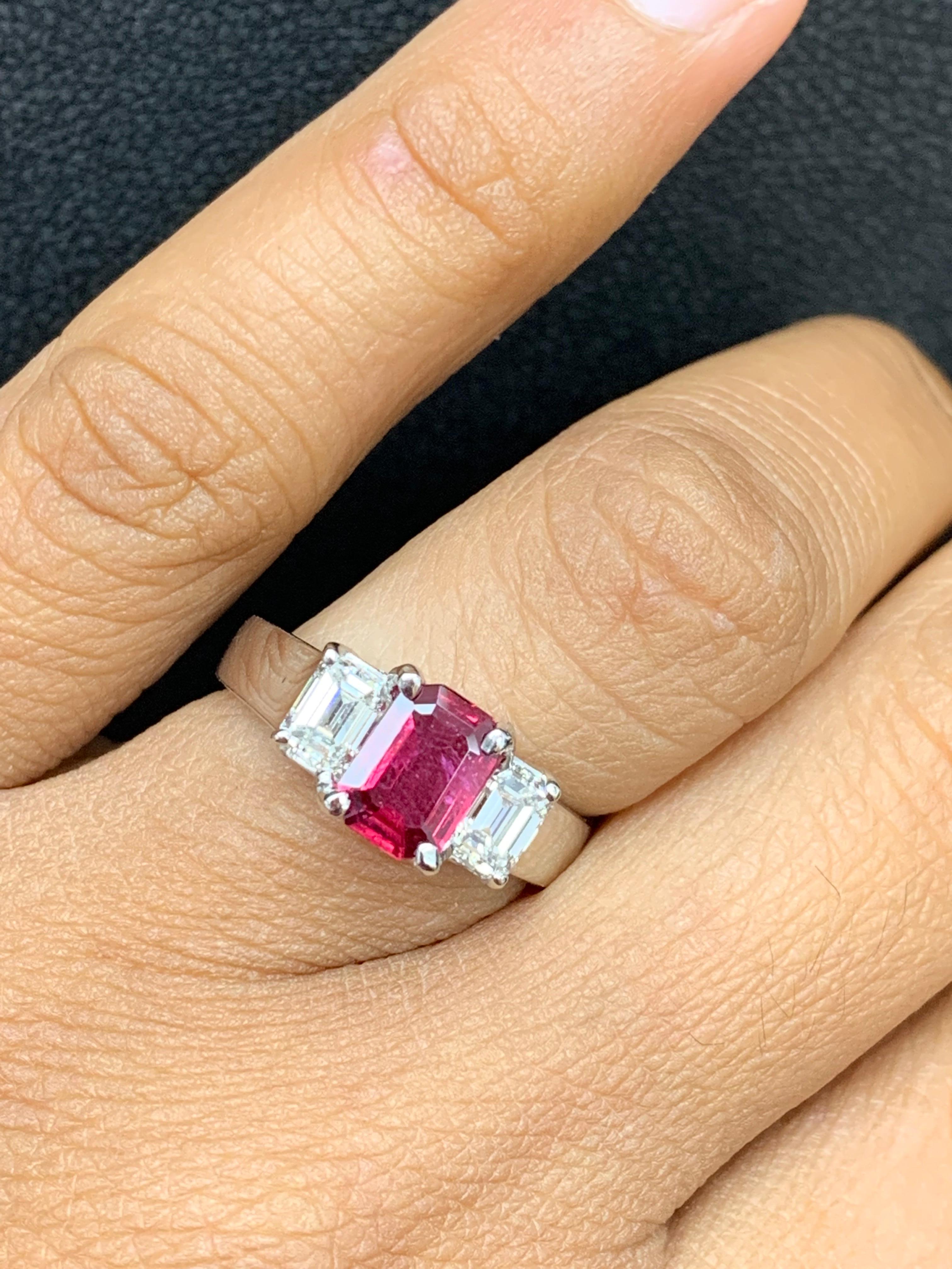 1.26 Carat Emerald Cut Ruby and Diamond Three-Stone Engagement Ring in Platinum For Sale 8