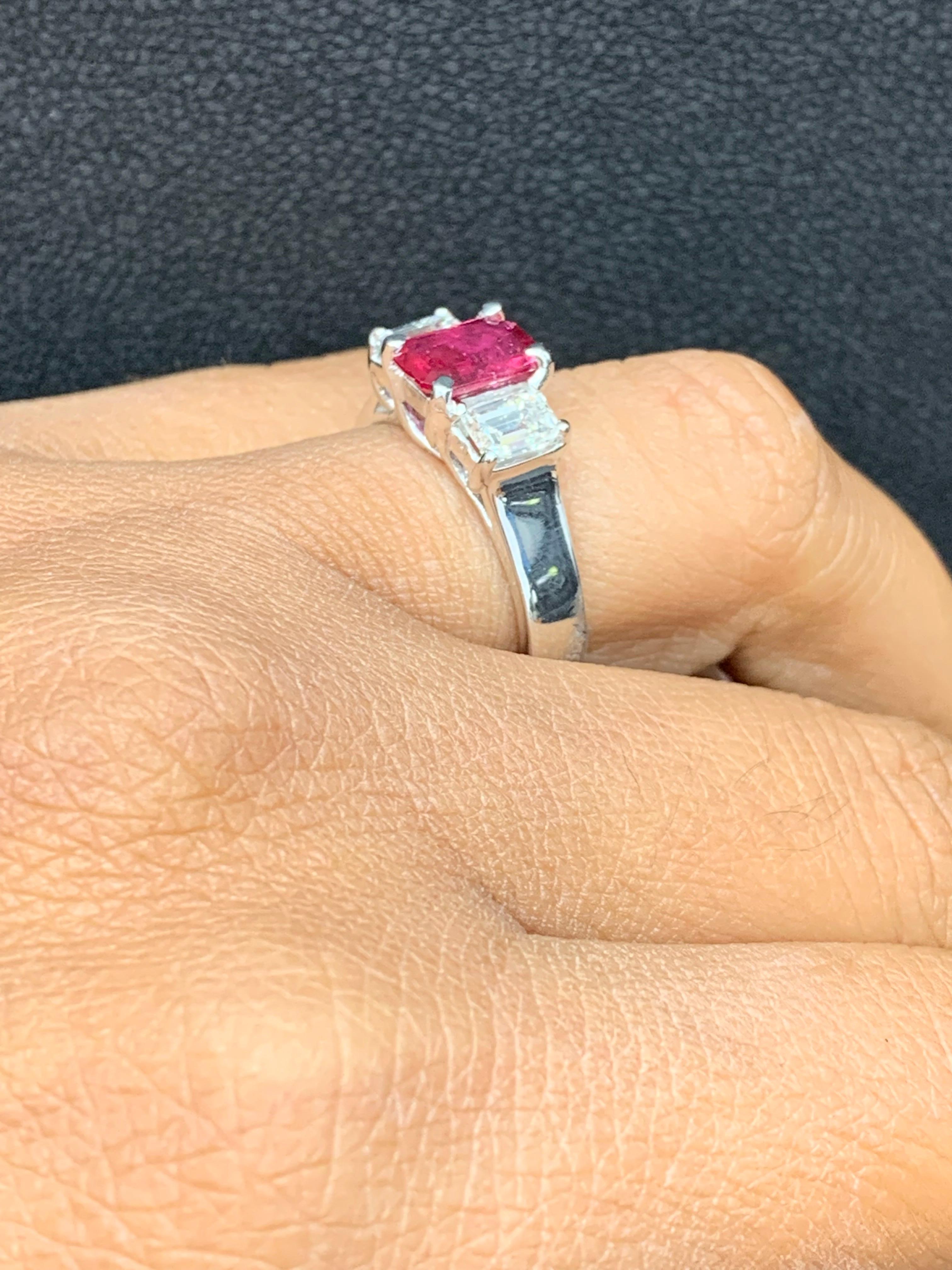 1.26 Carat Emerald Cut Ruby and Diamond Three-Stone Engagement Ring in Platinum For Sale 10