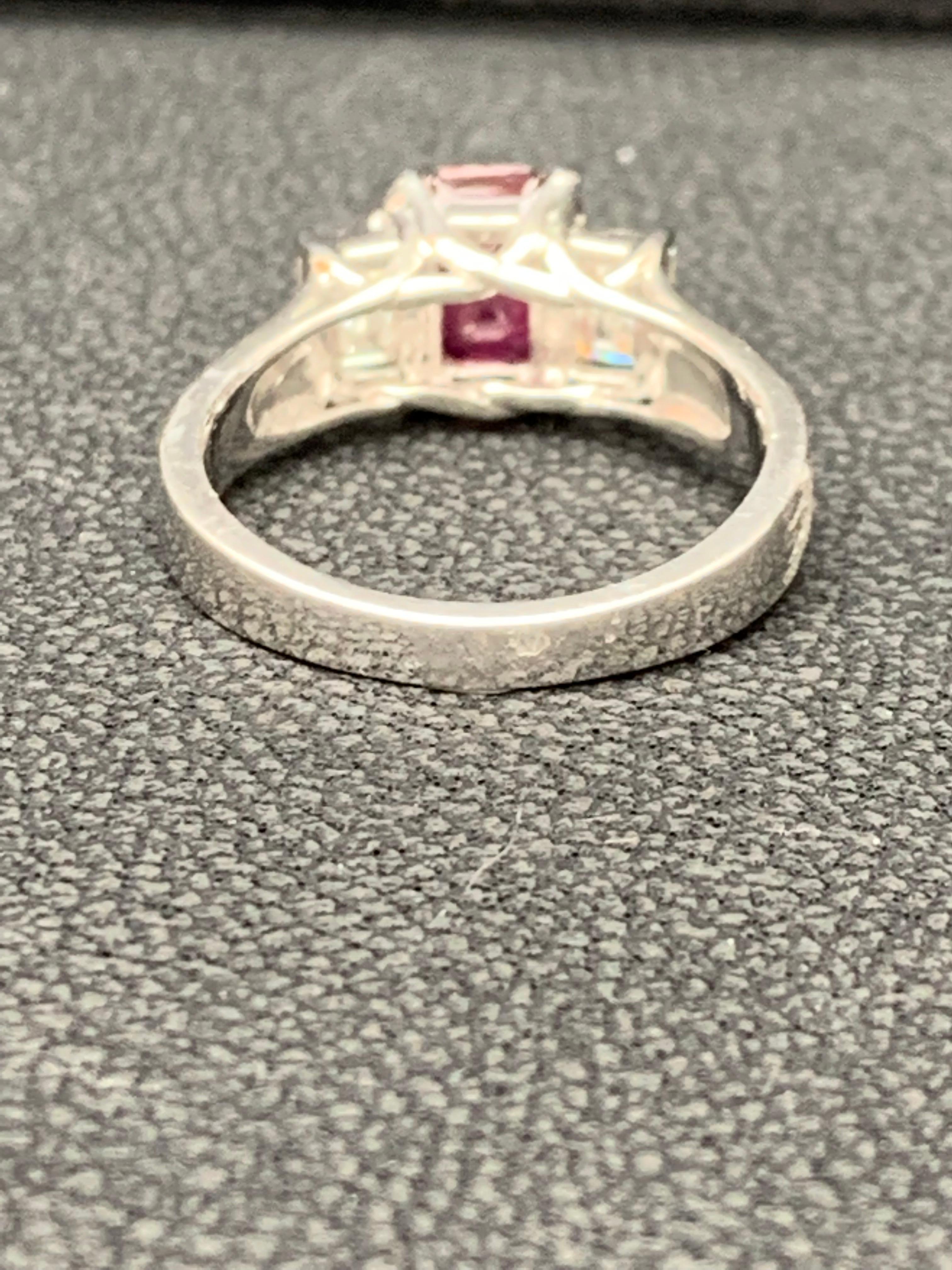 Modern 1.26 Carat Emerald Cut Ruby and Diamond Three-Stone Engagement Ring in Platinum For Sale