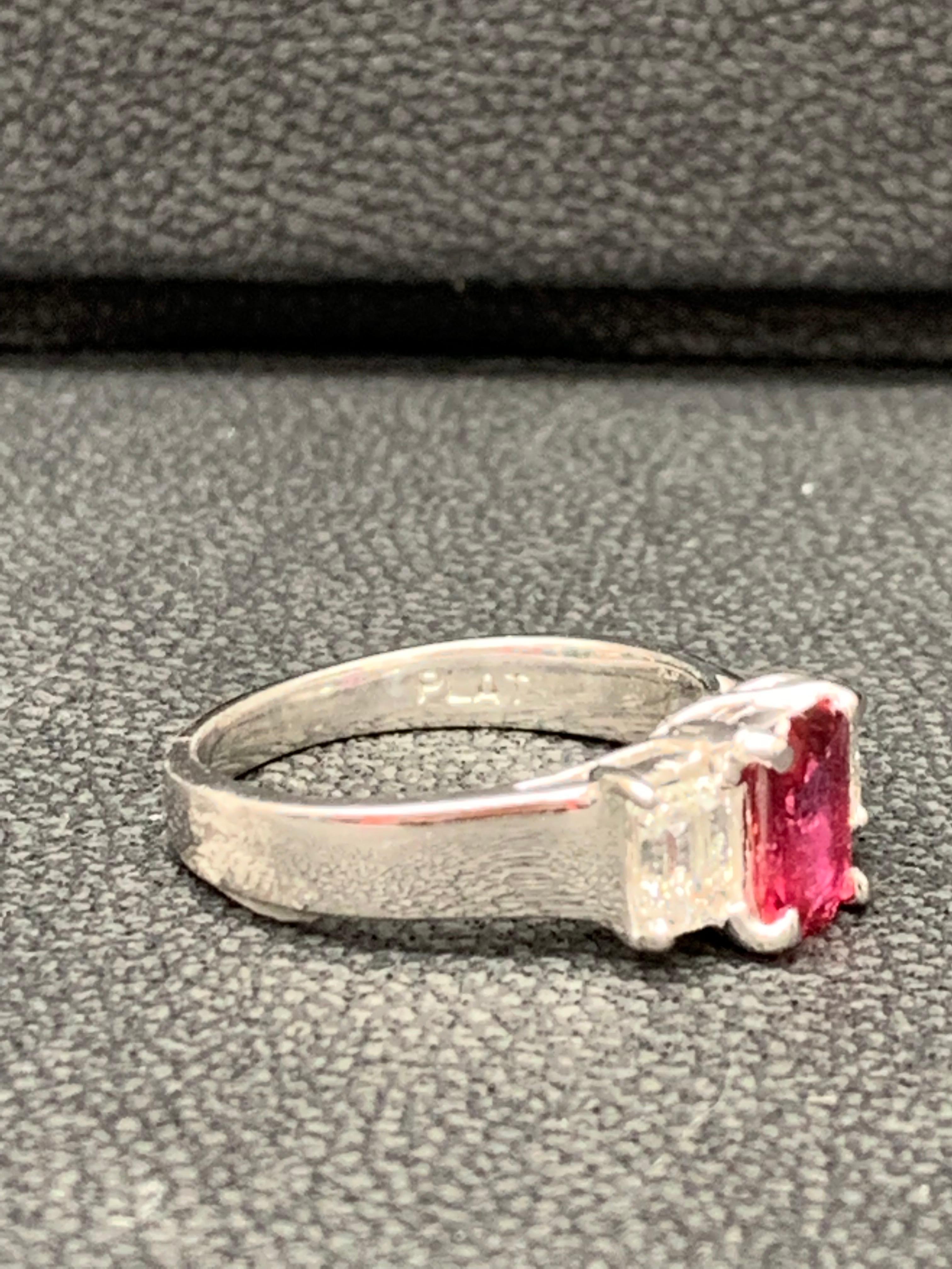 1.26 Carat Emerald Cut Ruby and Diamond Three-Stone Engagement Ring in Platinum In New Condition For Sale In NEW YORK, NY