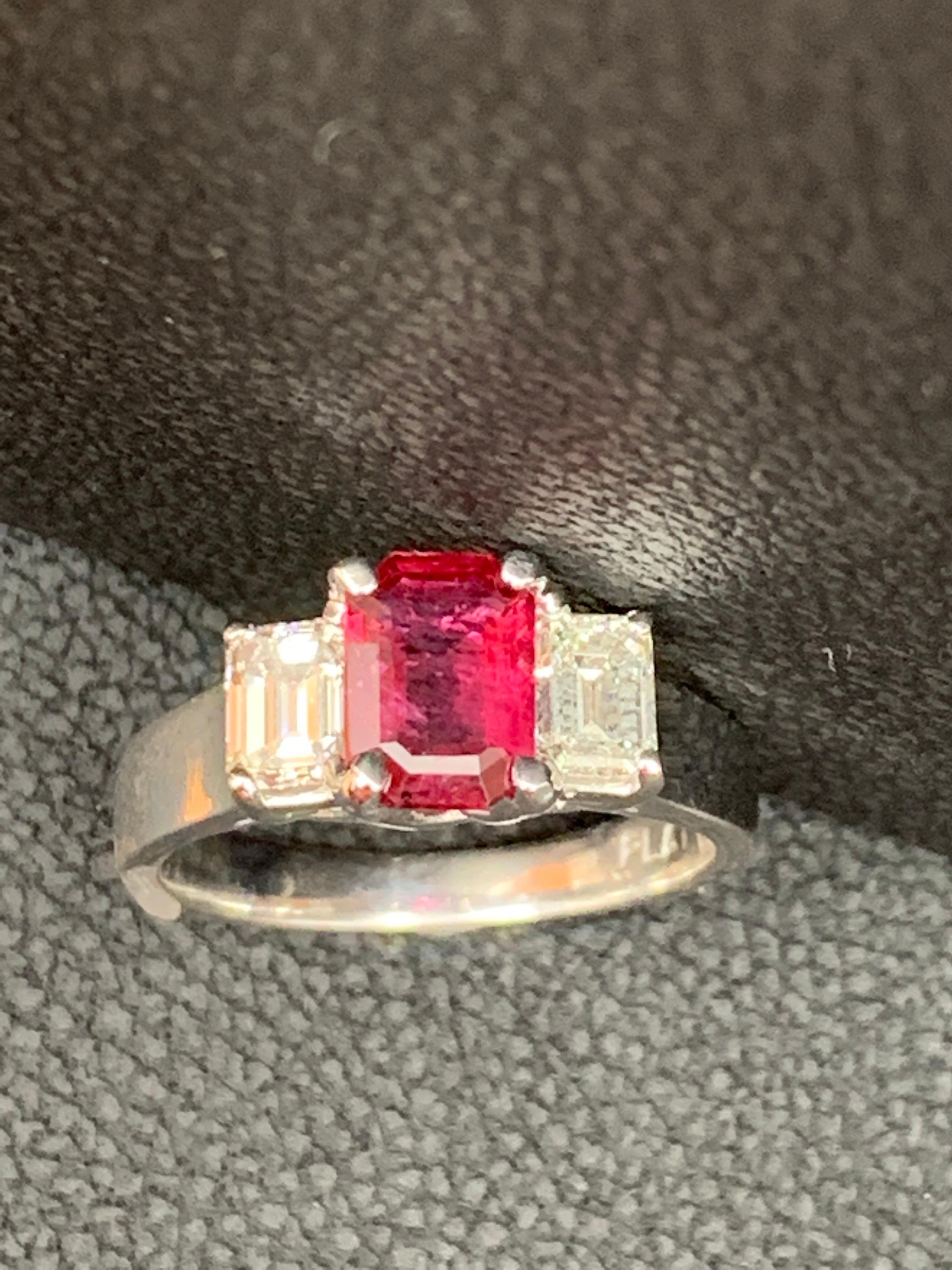 1.26 Carat Emerald Cut Ruby and Diamond Three-Stone Engagement Ring in Platinum For Sale 1