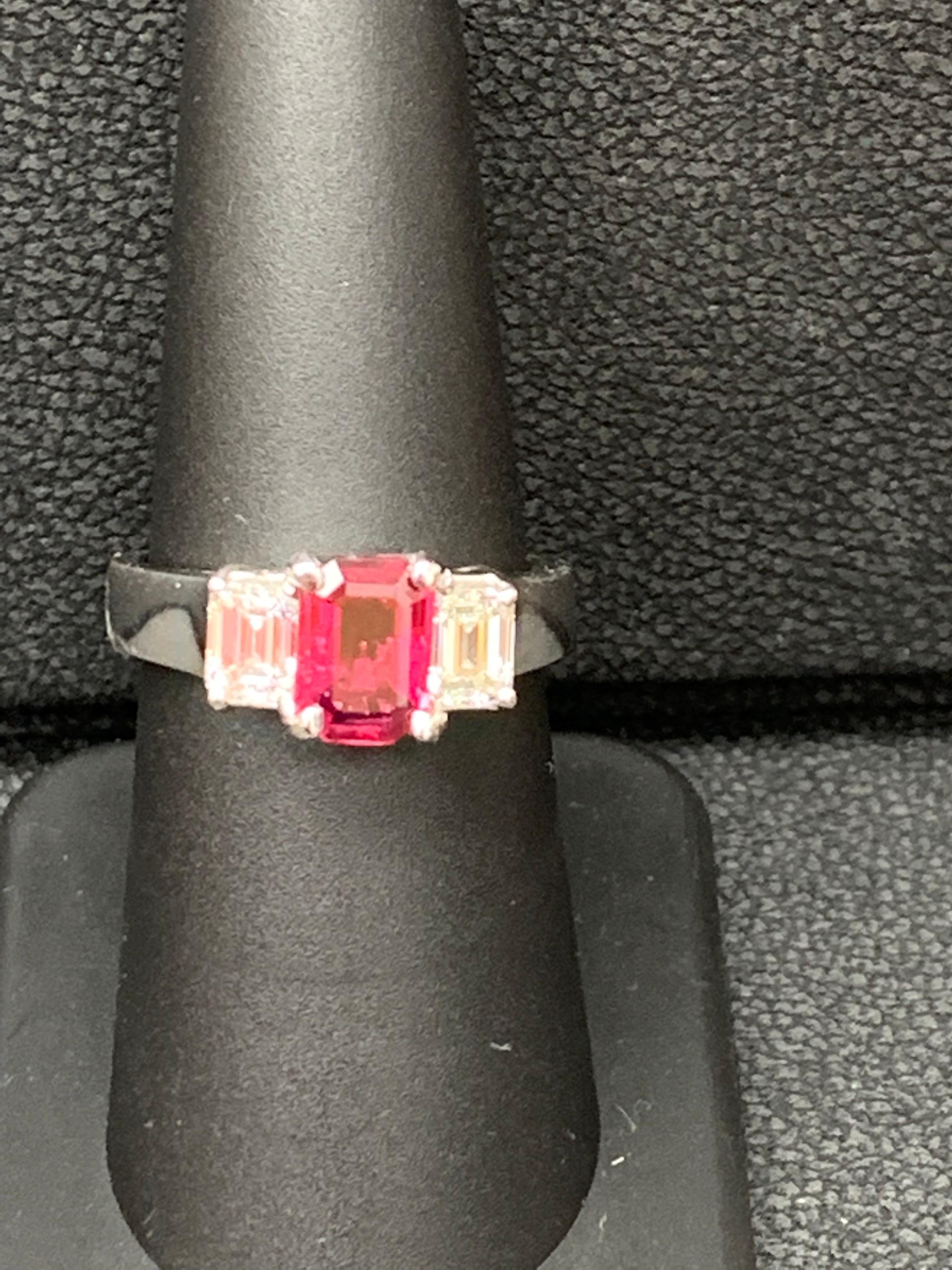 1.26 Carat Emerald Cut Ruby and Diamond Three-Stone Engagement Ring in Platinum For Sale 3