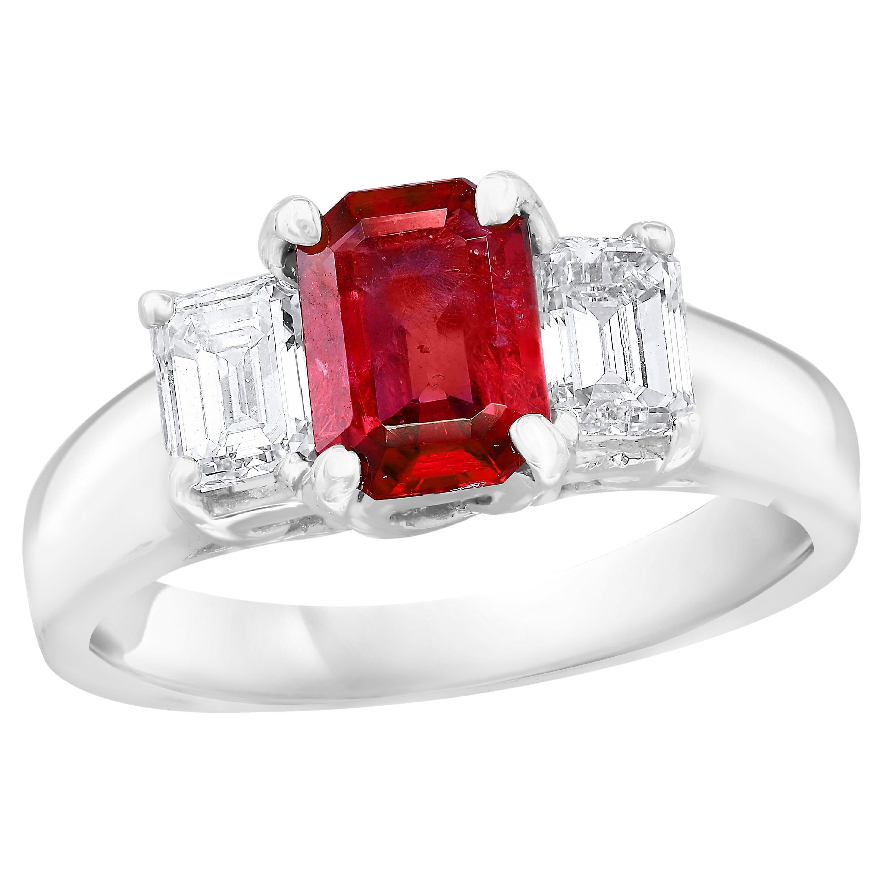 1.26 Carat Emerald Cut Ruby and Diamond Three-Stone Engagement Ring in Platinum