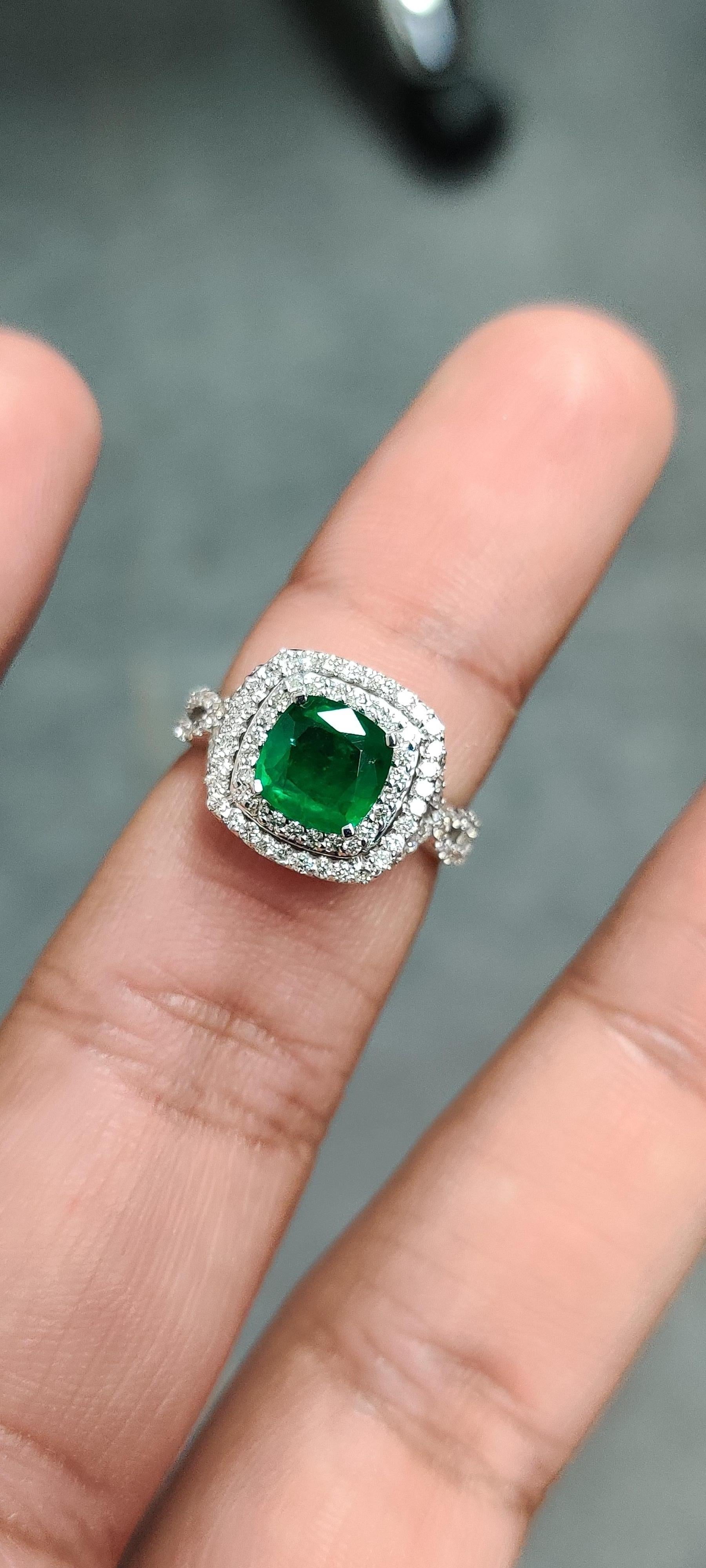 Art Deco 1.26 Carat Emerald with Halo Diamonds 18K White Gold Ring For Sale