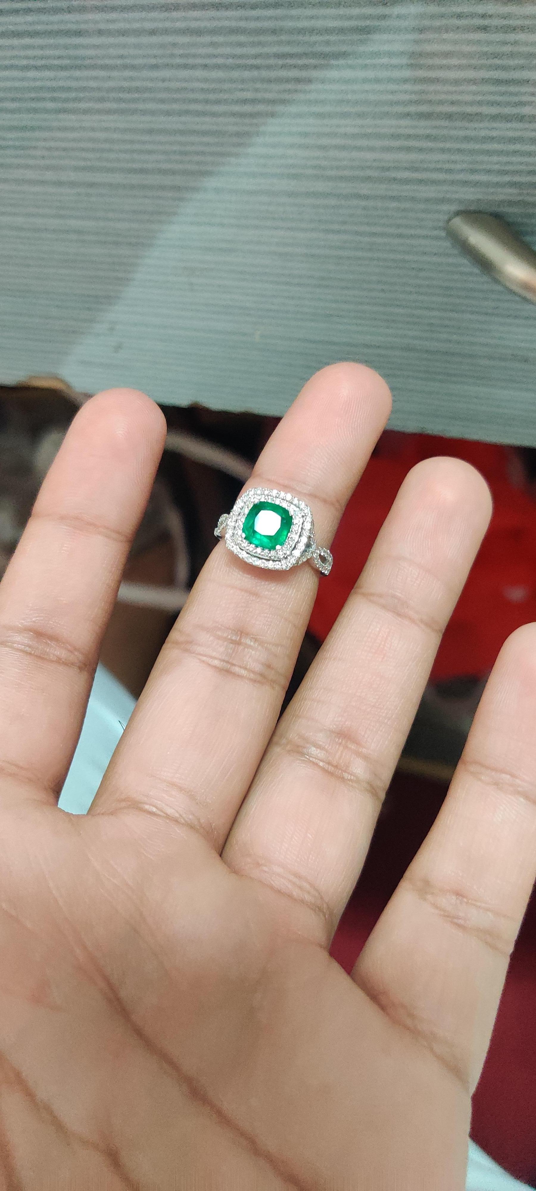 1.26 Carat Emerald with Halo Diamonds 18K White Gold Ring 1