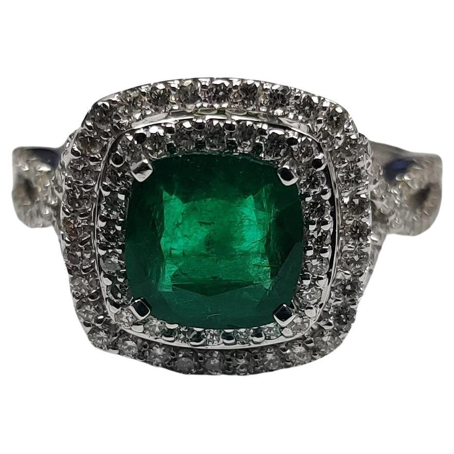 1.26 Carat Emerald with Halo Diamonds 18K White Gold Ring For Sale