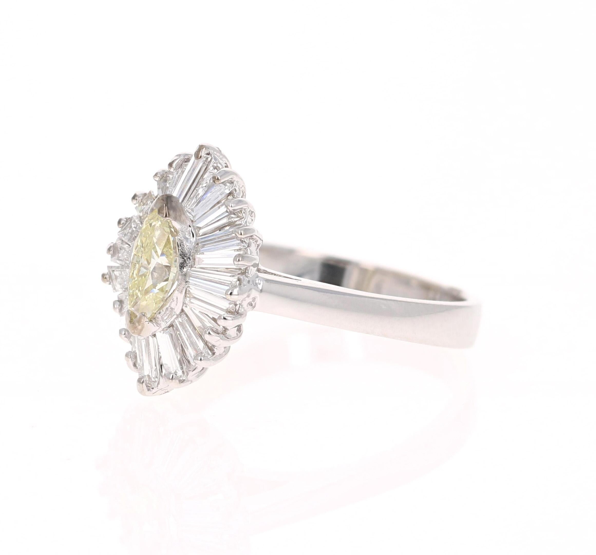 A Timeless Ballerina Ring that will leave her breathless! 

The center fancy colored diamond is a Marquise cut weighing 0.49 Carats. The center diamond has a clarity of VS2 and the color is yellow. It is surrounded by 20 Baguette Cut Diamonds