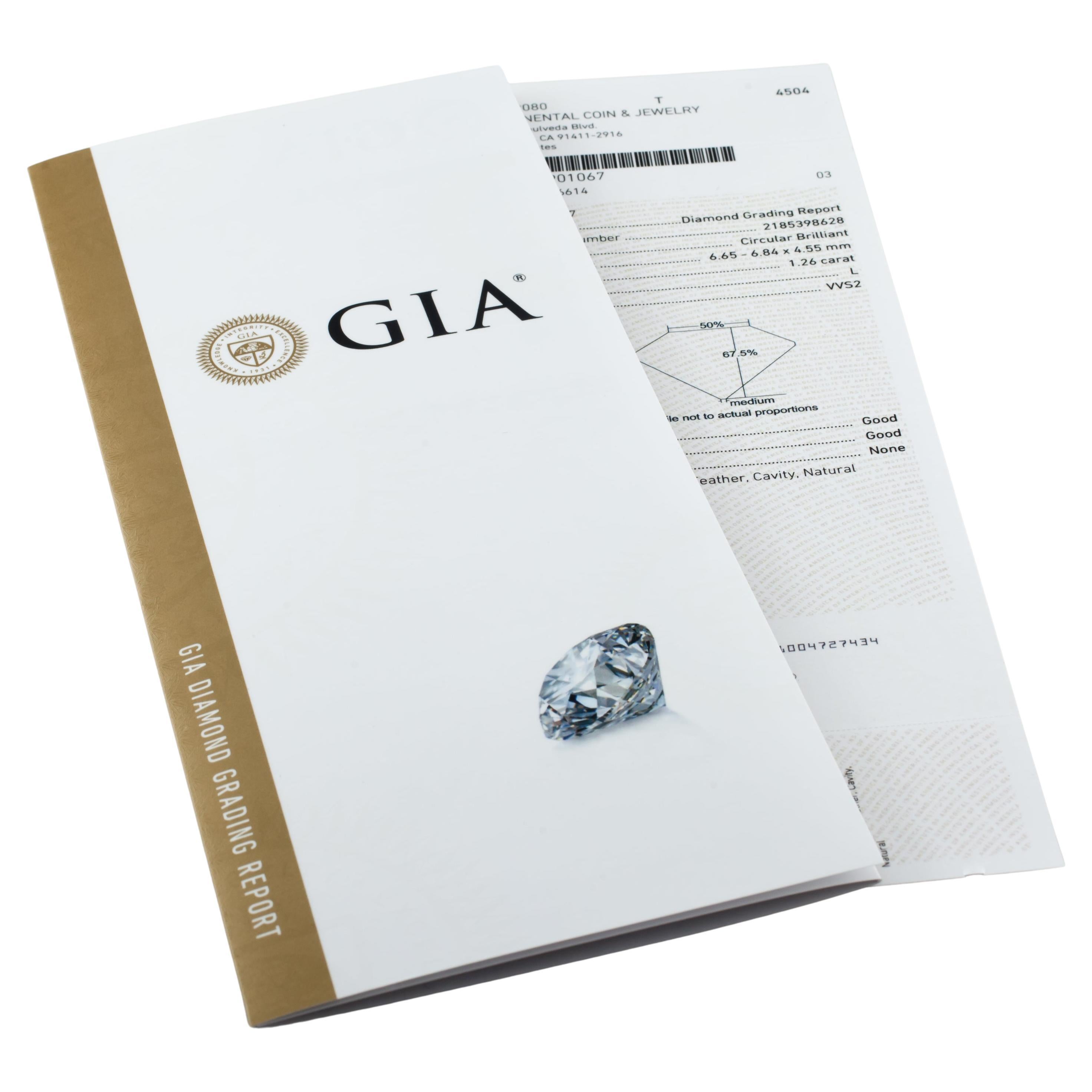 Diamond General Info
GIA Report Number: 2185398628
Diamond Cut: Circular Brilliant 
Measurements: 
6.84  x  6.65  -  4.55

Diamond Grading Results
Carat Weight: 1.26
Color Grade: L
Clarity Grade: VVS2

Additional Grading Information 
Polish: