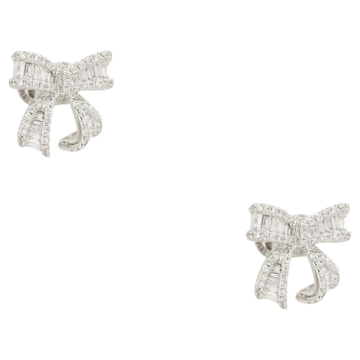 1.26 Carat Mosaic Diamond Bow Shaped Earrings 18 Karat In Stock For Sale