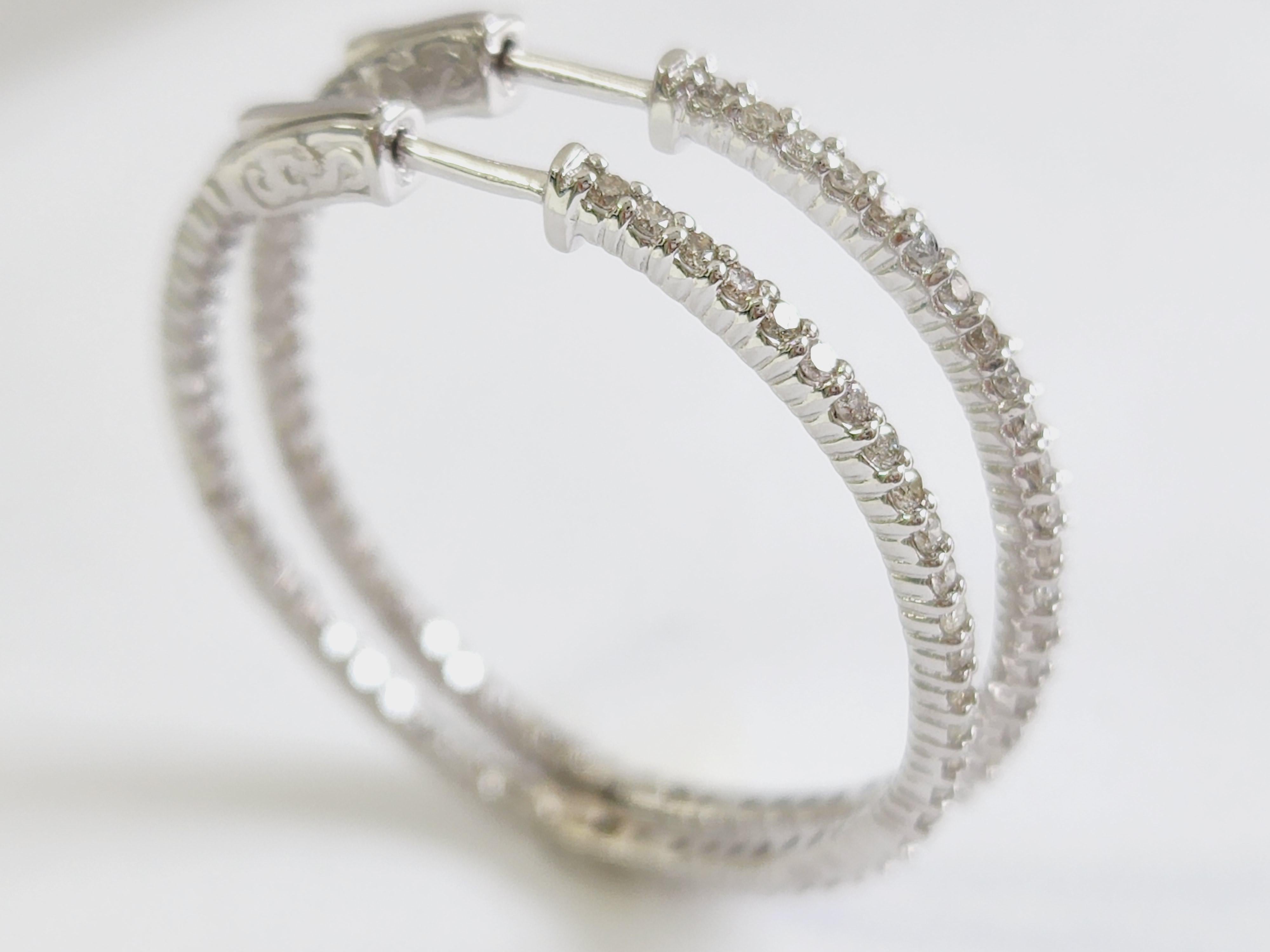 Round Cut 1.25 Carat Natural Diamond Hoop Earrings 14 Karat White Gold For Sale