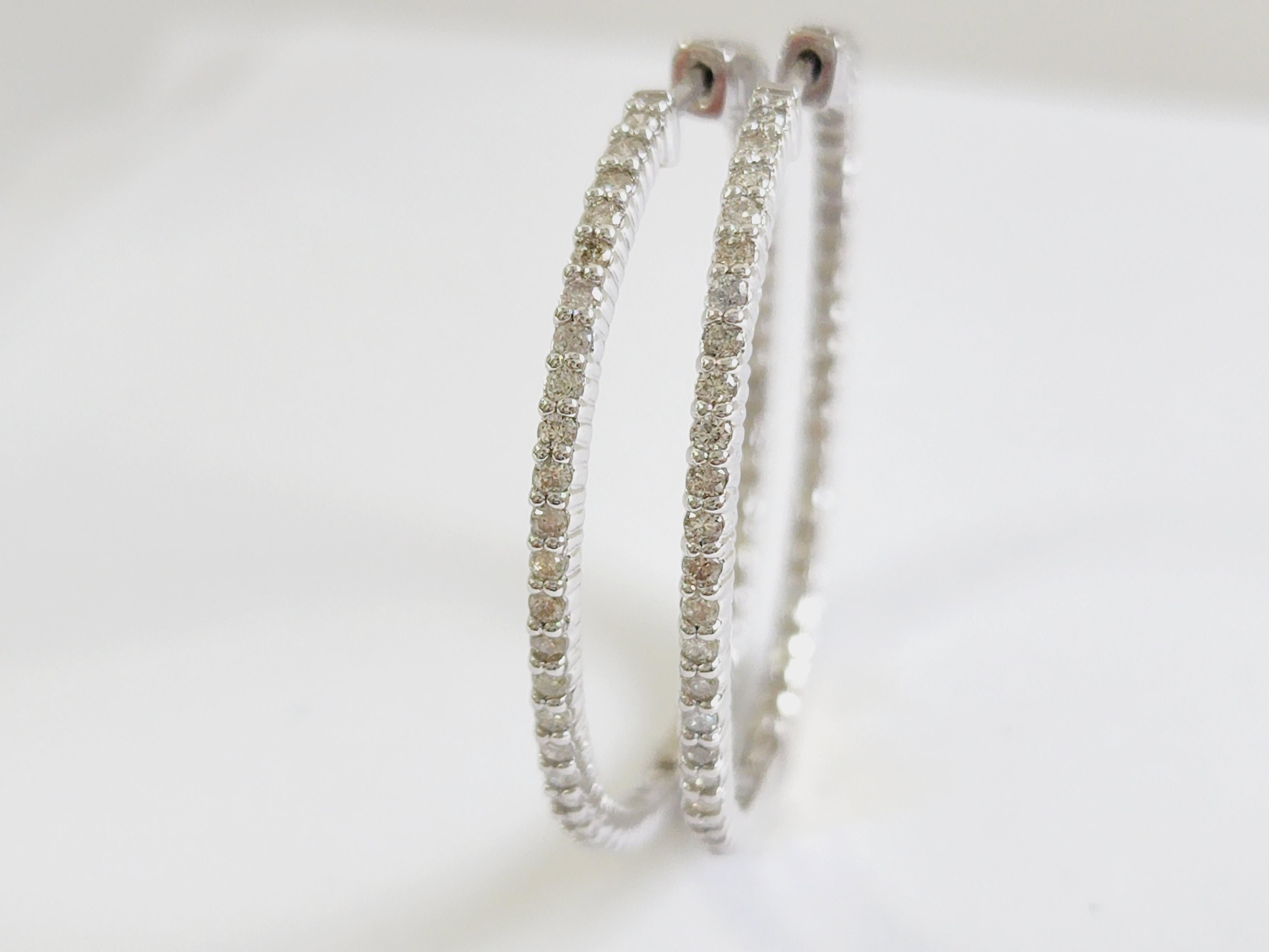 1.25 Carat Natural Diamond Hoop Earrings 14 Karat White Gold In New Condition For Sale In Great Neck, NY