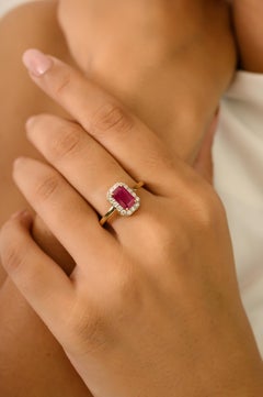 1.26 Carat Octagon Ruby and Diamond Halo Engagement Ring in 14k Yellow Gold