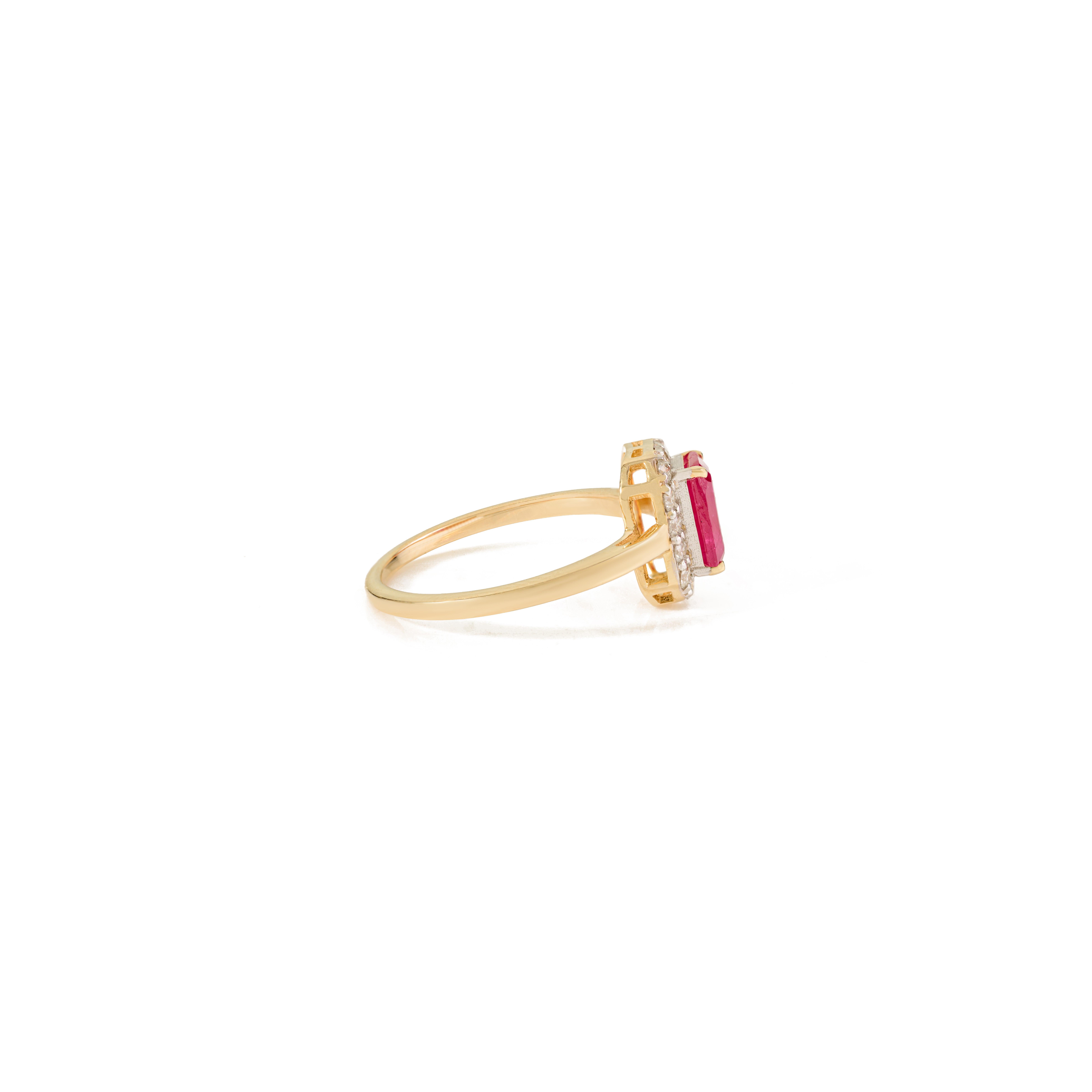 En vente :  Bague de fiançailles en or jaune 14k de 1,26 carat, rubis octogonal et halo de diamants 9