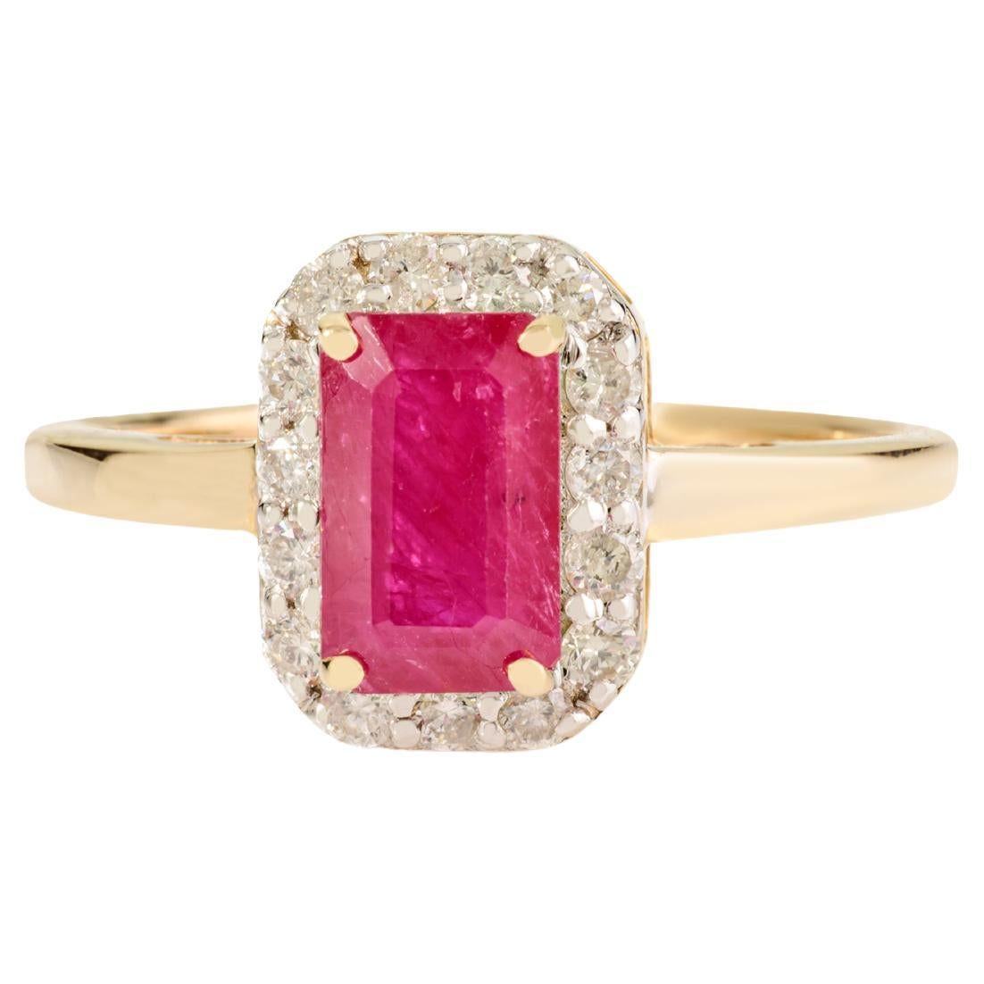 En vente :  Bague de fiançailles en or jaune 14k de 1,26 carat, rubis octogonal et halo de diamants
