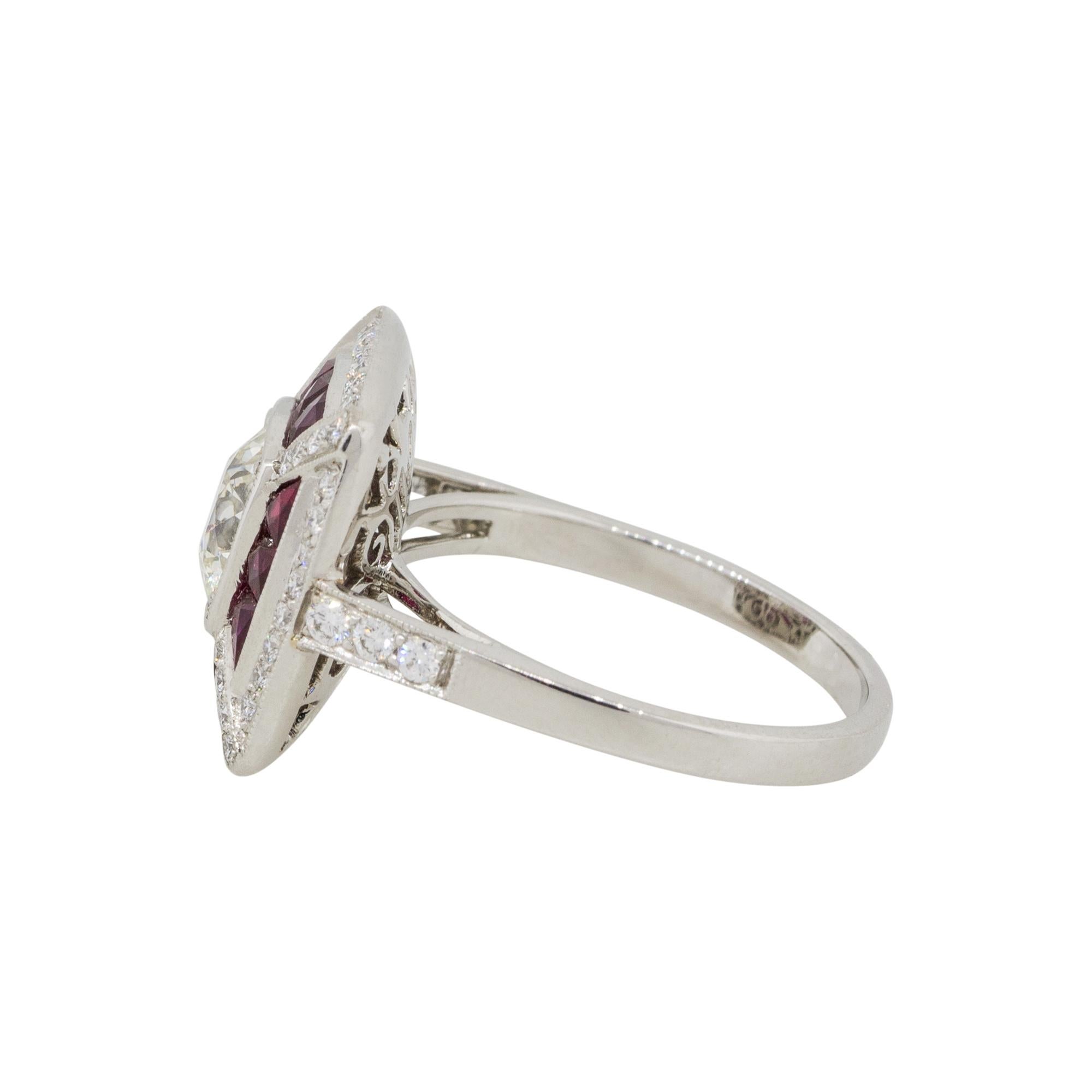 Old European Cut 1.26 Carat Old Euro Cut Bezel Set Diamond Ring with Rubies Platinum in Stock
