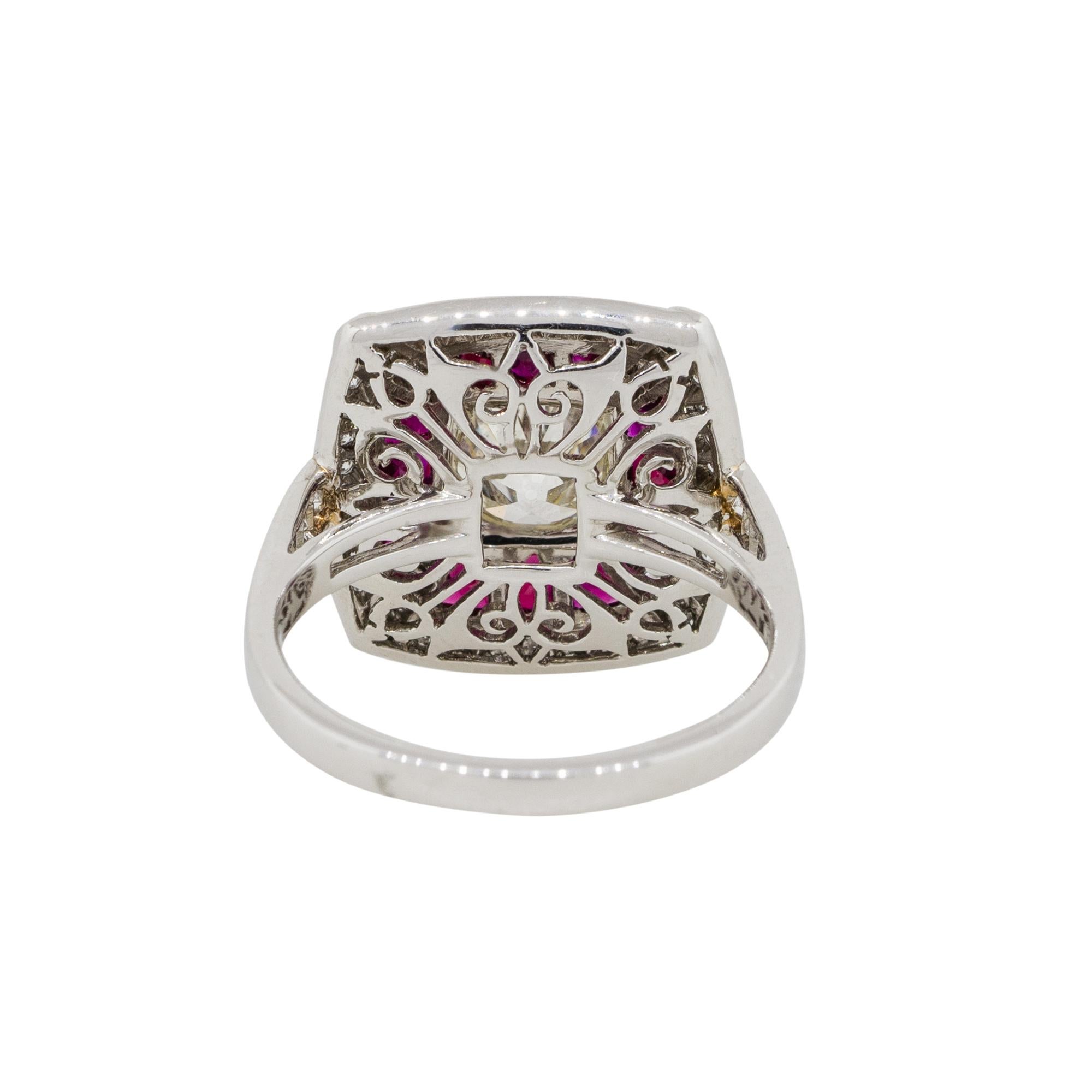 1.26 Carat Old Euro Cut Bezel Set Diamond Ring with Rubies Platinum in Stock In New Condition In Boca Raton, FL