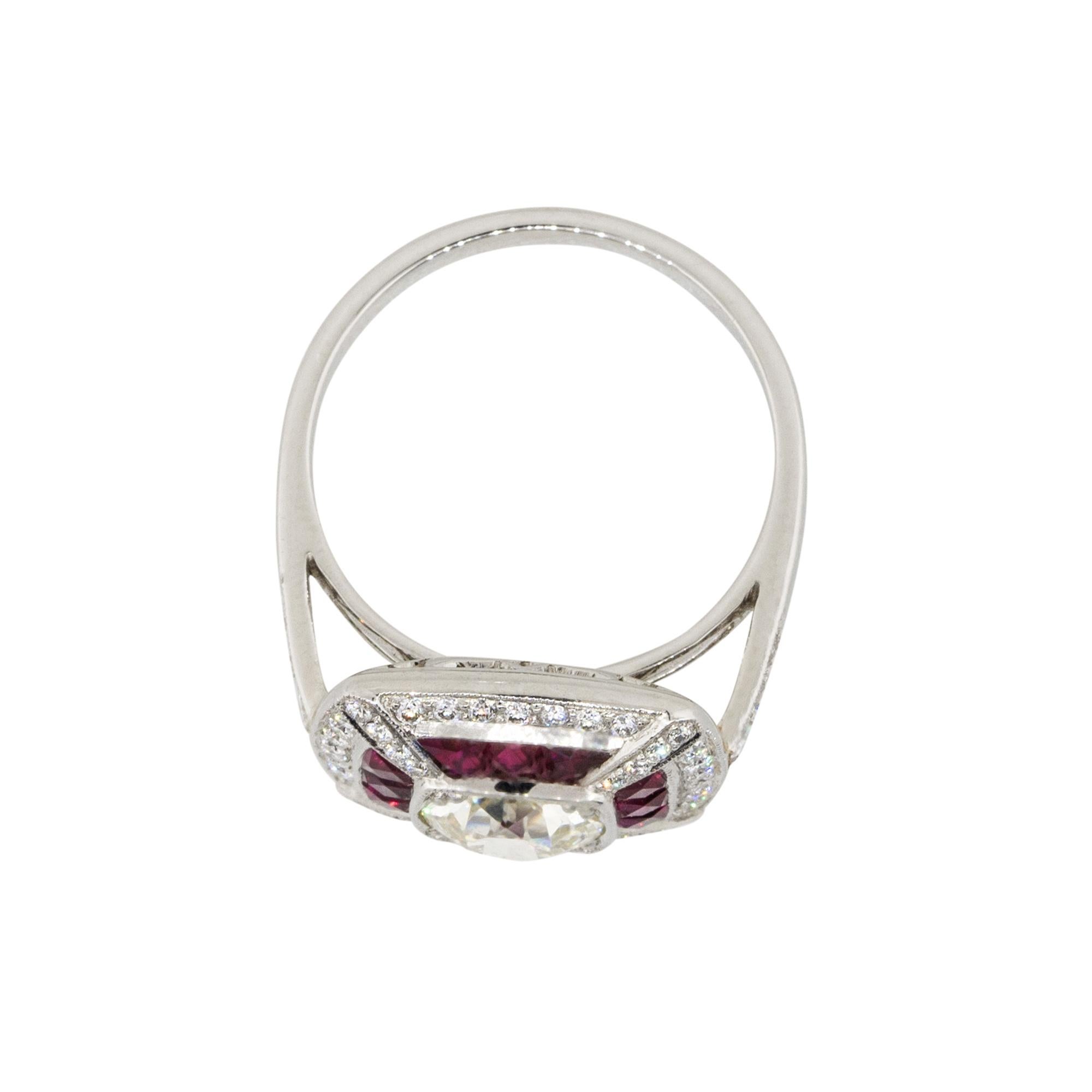 Women's 1.26 Carat Old Euro Cut Bezel Set Diamond Ring with Rubies Platinum in Stock