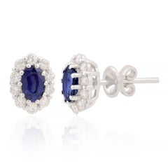 1.26 Carat Oval Blue Sapphire Earrings 0.60 Carat SI/H Diamond 18k White Gold