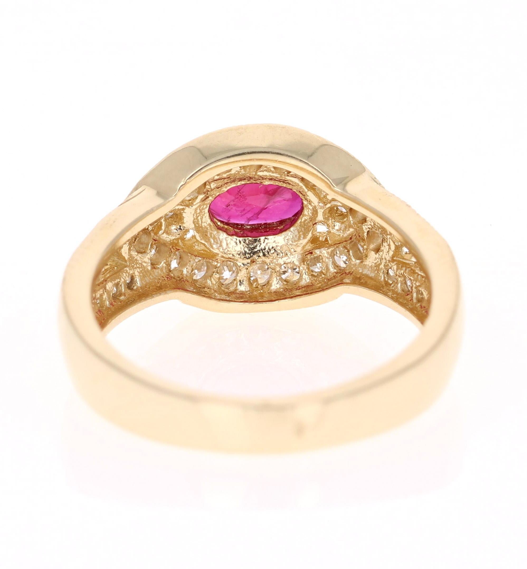 1.26 Carat Oval Cut Burmese Ruby Diamond 14 Karat Yellow Gold Ring Cocktail In New Condition In Los Angeles, CA