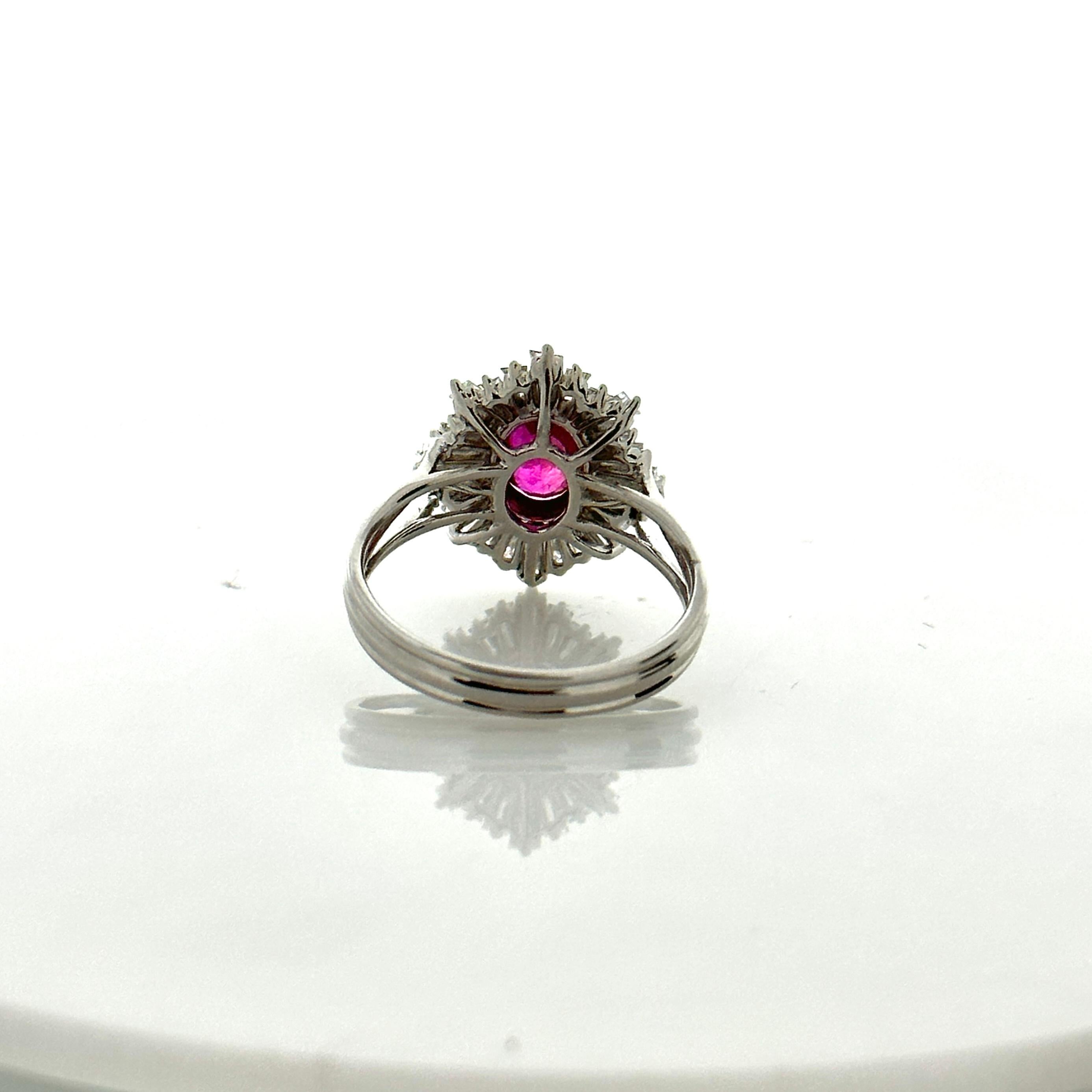 Cushion Cut 1.26 Carat Oval Ruby and Diamond Ring in 18K White Gold For Sale
