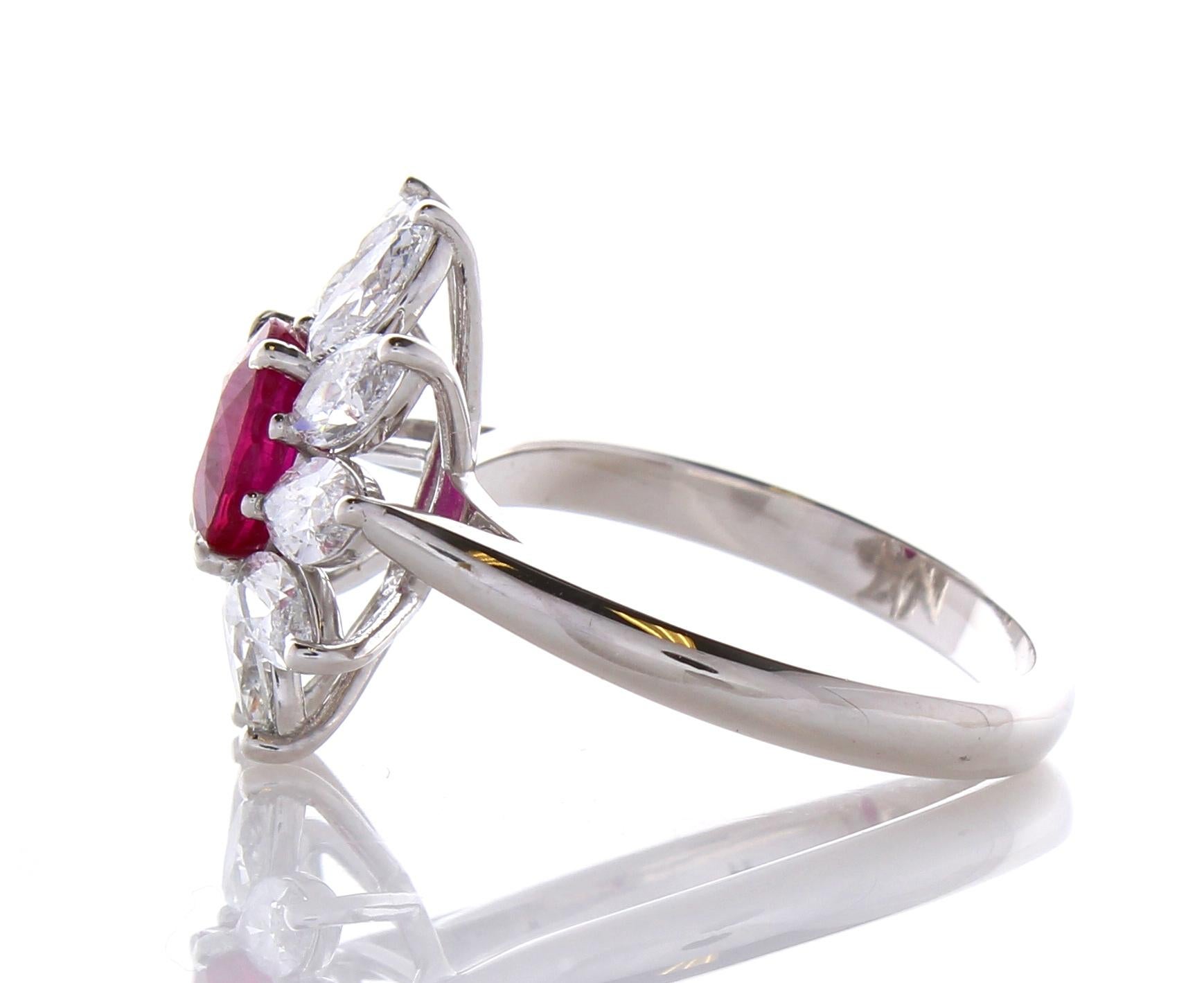 Contemporary AGL Certified 1.26 Carat Oval Ruby & Marquise Diamond Ring in 18K White Gold