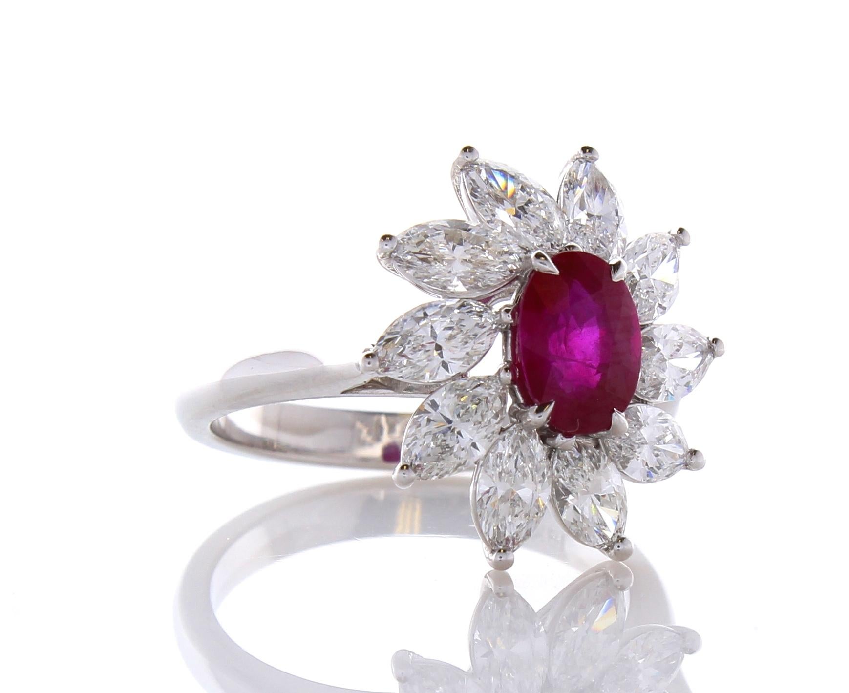 AGL Certified 1.26 Carat Oval Ruby & Marquise Diamond Ring in 18K White Gold 3