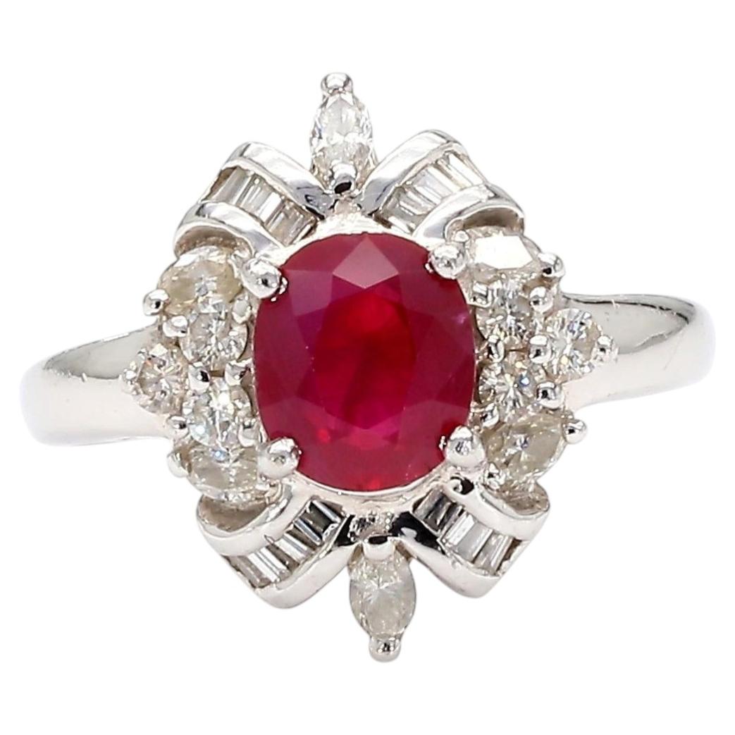 1.26 Carat Oval Ruby & Mixed Diamond Ballerina Platinum Art Nouveau Style Ring For Sale