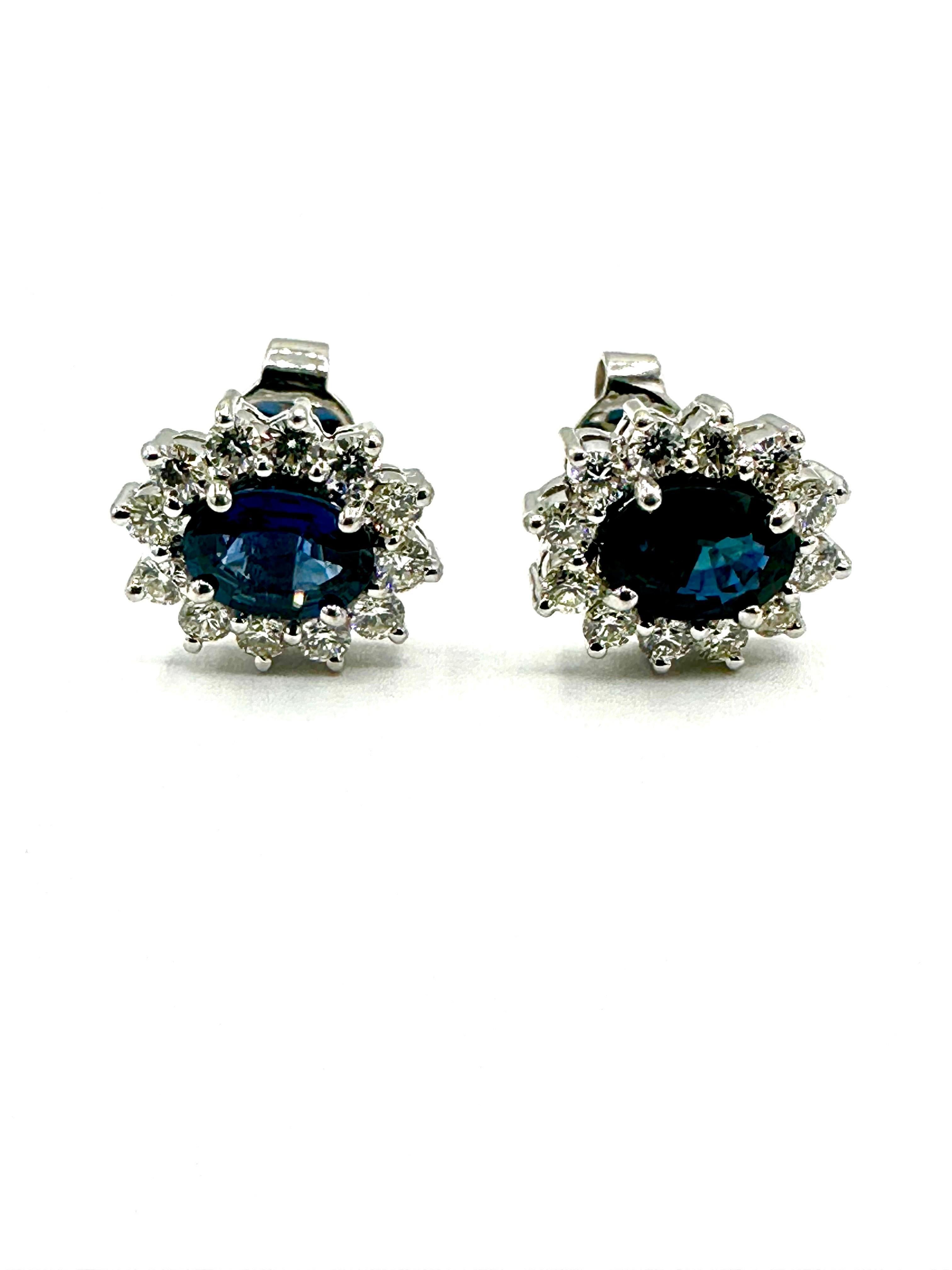 1.26 Carat Oval Sapphire and Round Brilliant Diamond 18k White Gold Earrings For Sale 1