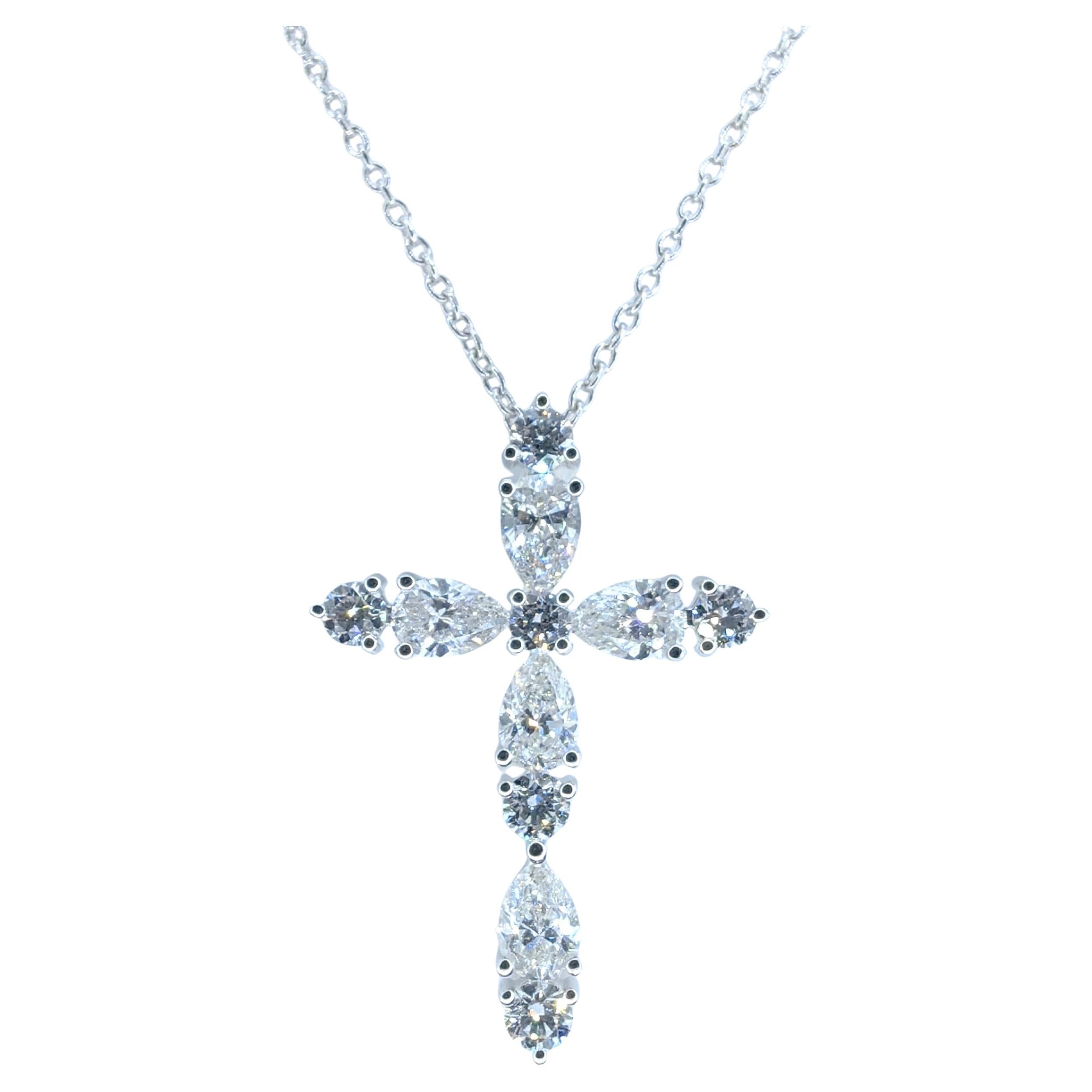 1.26 Carat Pear & Round Brilliant Cut Diamond Cross Pendant in 18K White Gold