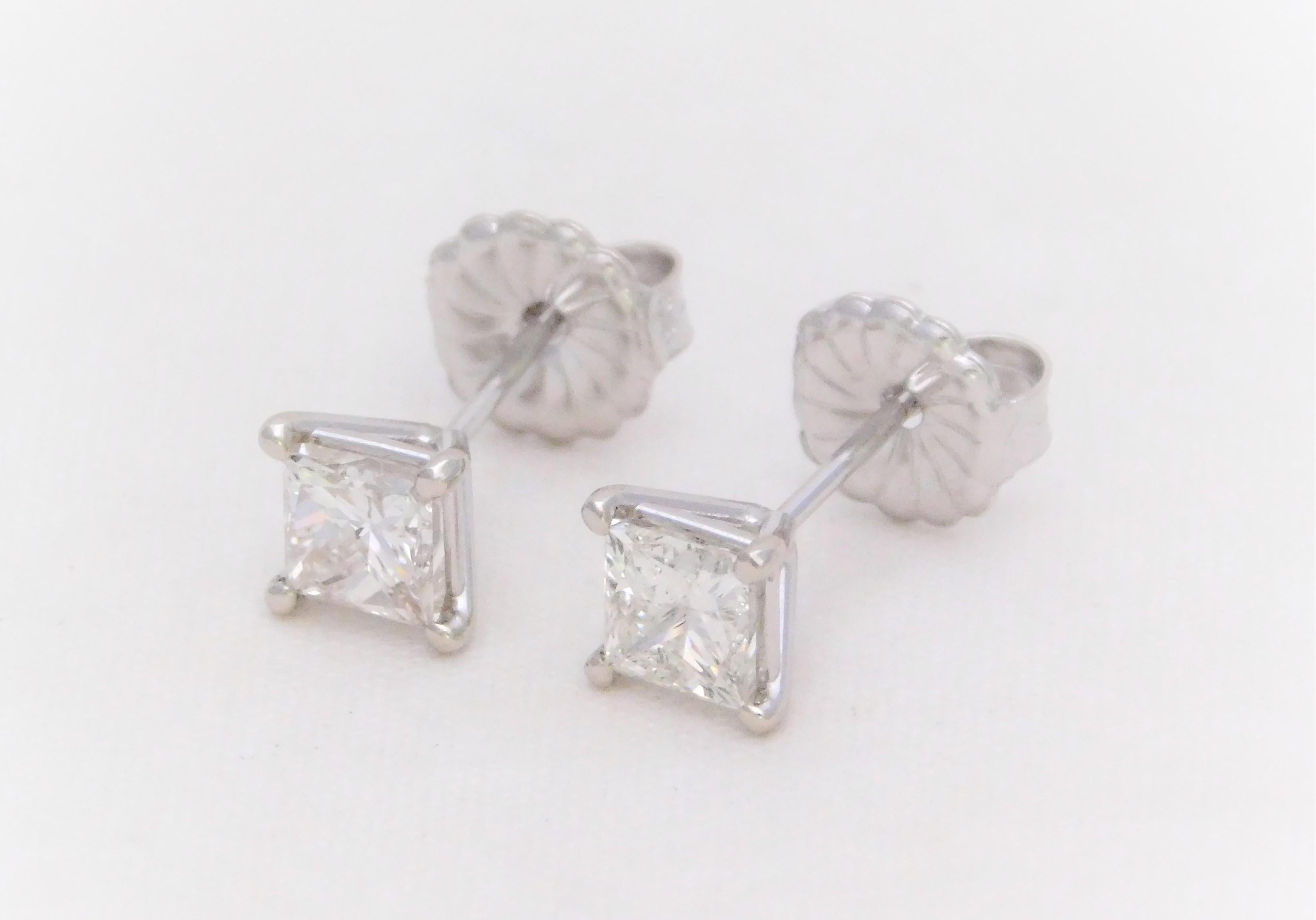 Princess Cut 1.26 Carat Princess-Cut Diamond Stud Earrings in 18 Karat White Gold For Sale