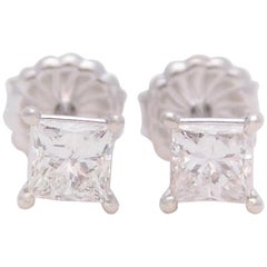 1.26 Carat Princess-Cut Diamond Stud Earrings in 18 Karat White Gold