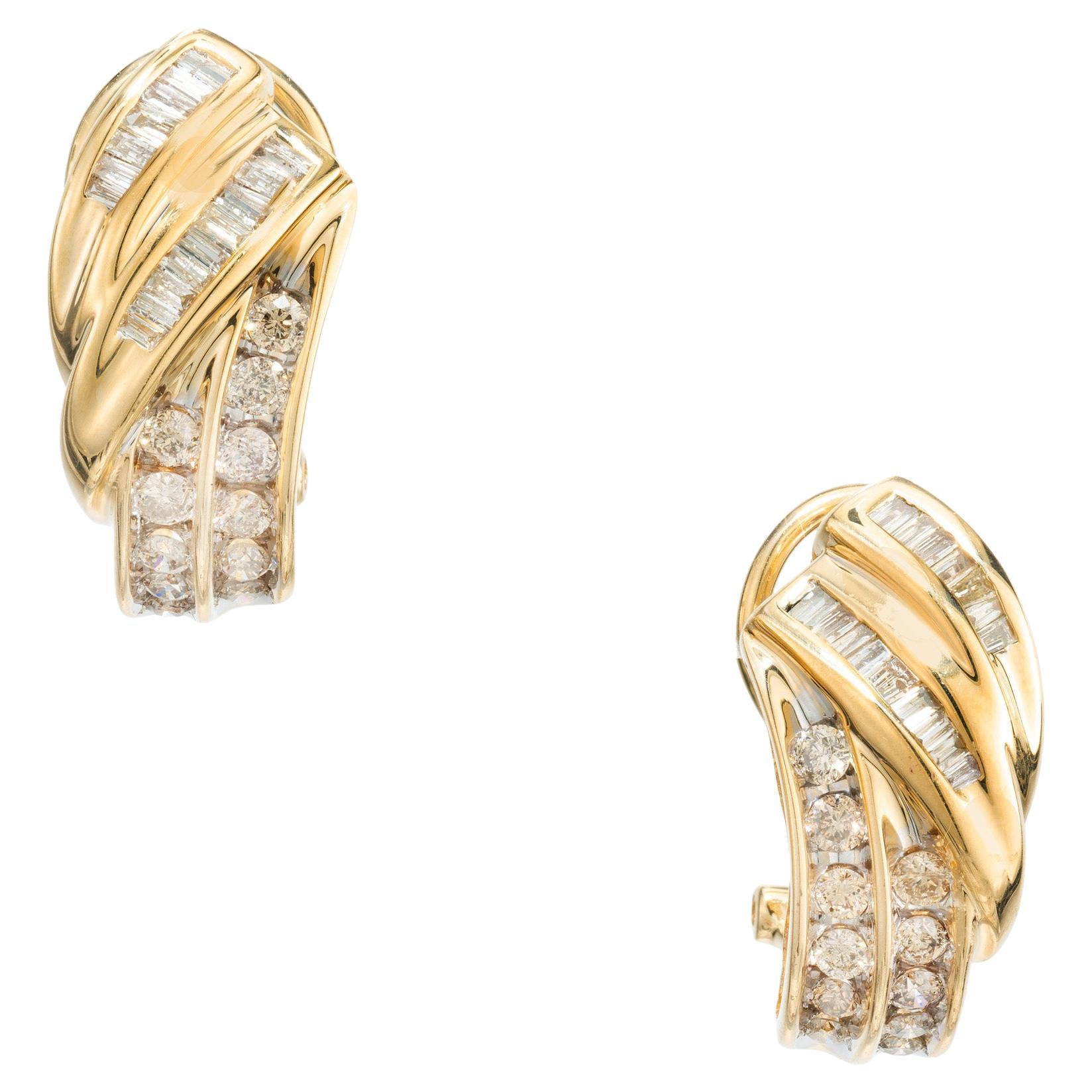 1.26 Carat Round Baguette Diamond Yellow Gold Clip Post Earrings