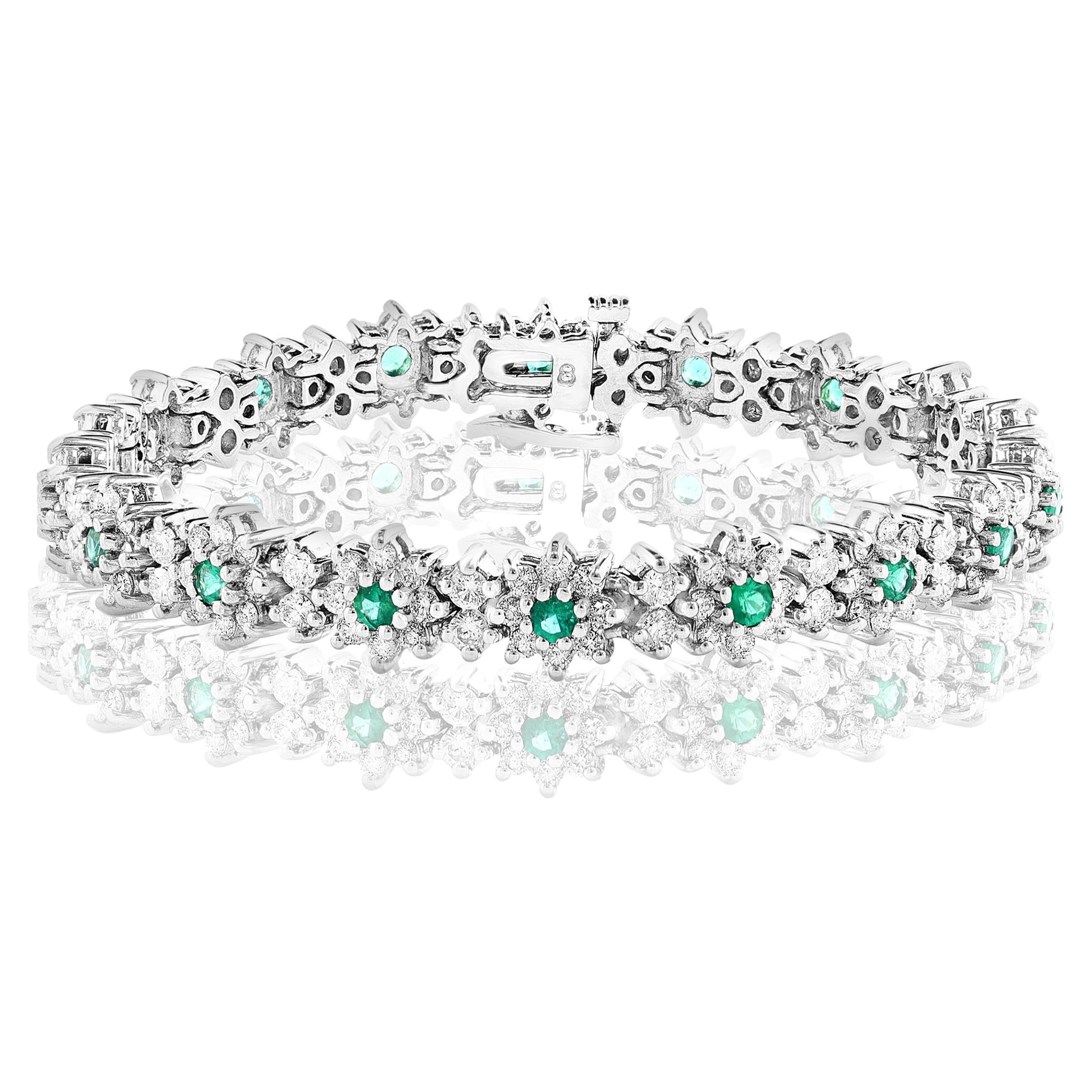 1.26 Carat Round Emerald and Diamond Halo Flower Bracelet in 14K White Gold