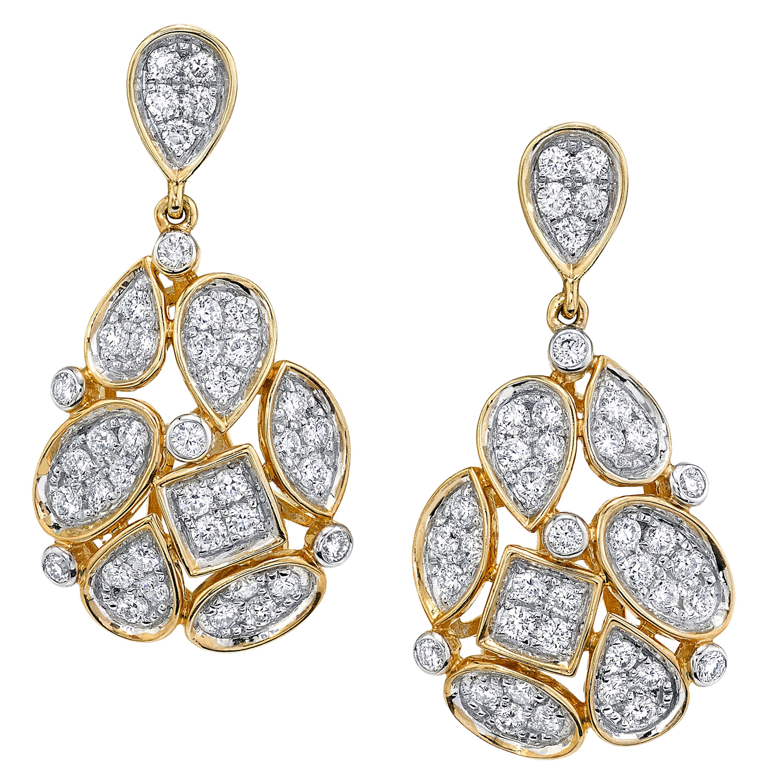 Mosaic Diamond Pave Drop Earrings in Yellow Gold, 1.26 Carat Total For Sale